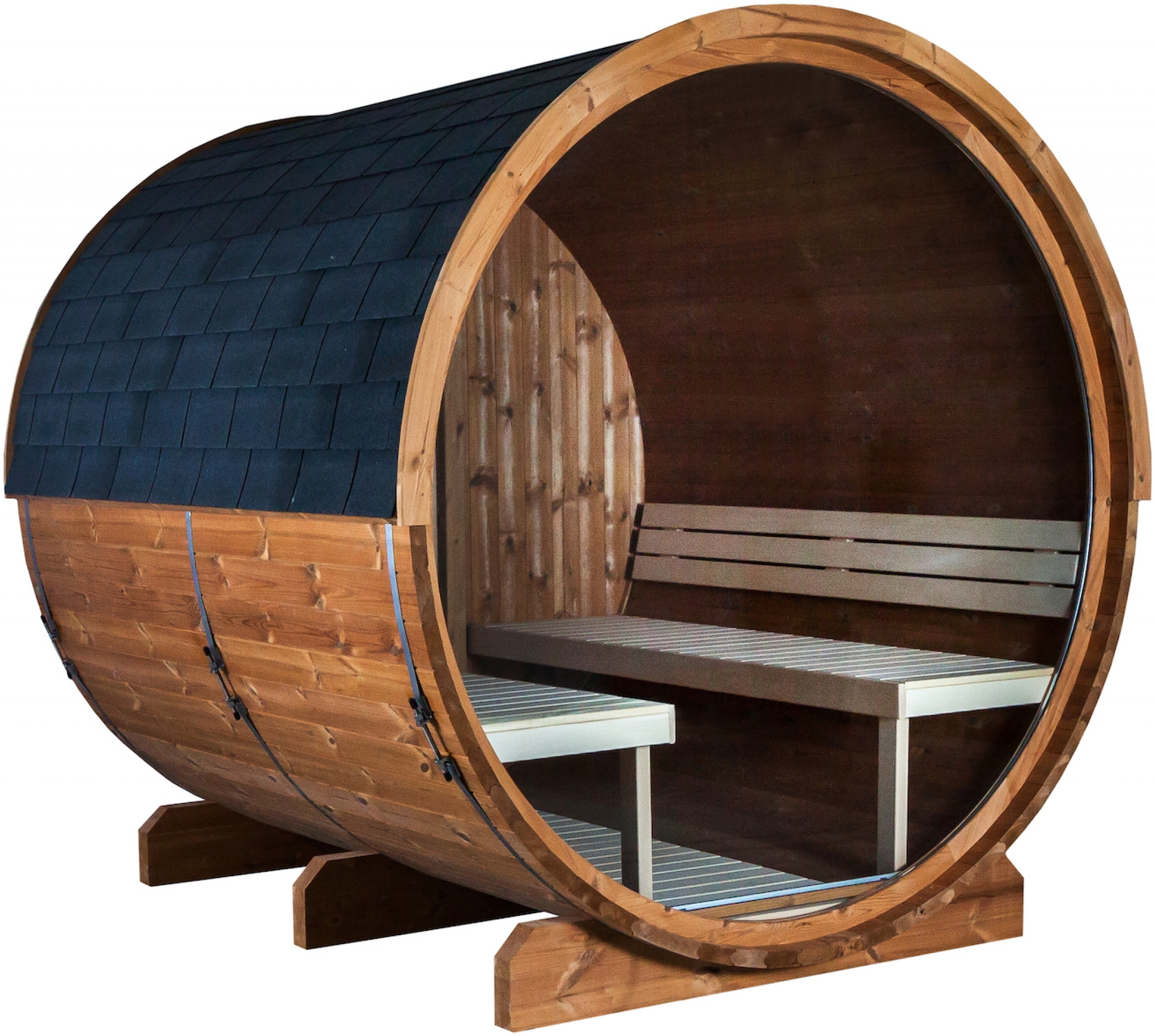 Sentiotec Kaski 220 View Fasssauna Außensauna Gartensauna aus Thermo-Kiefer Ø 220 x 220 cm