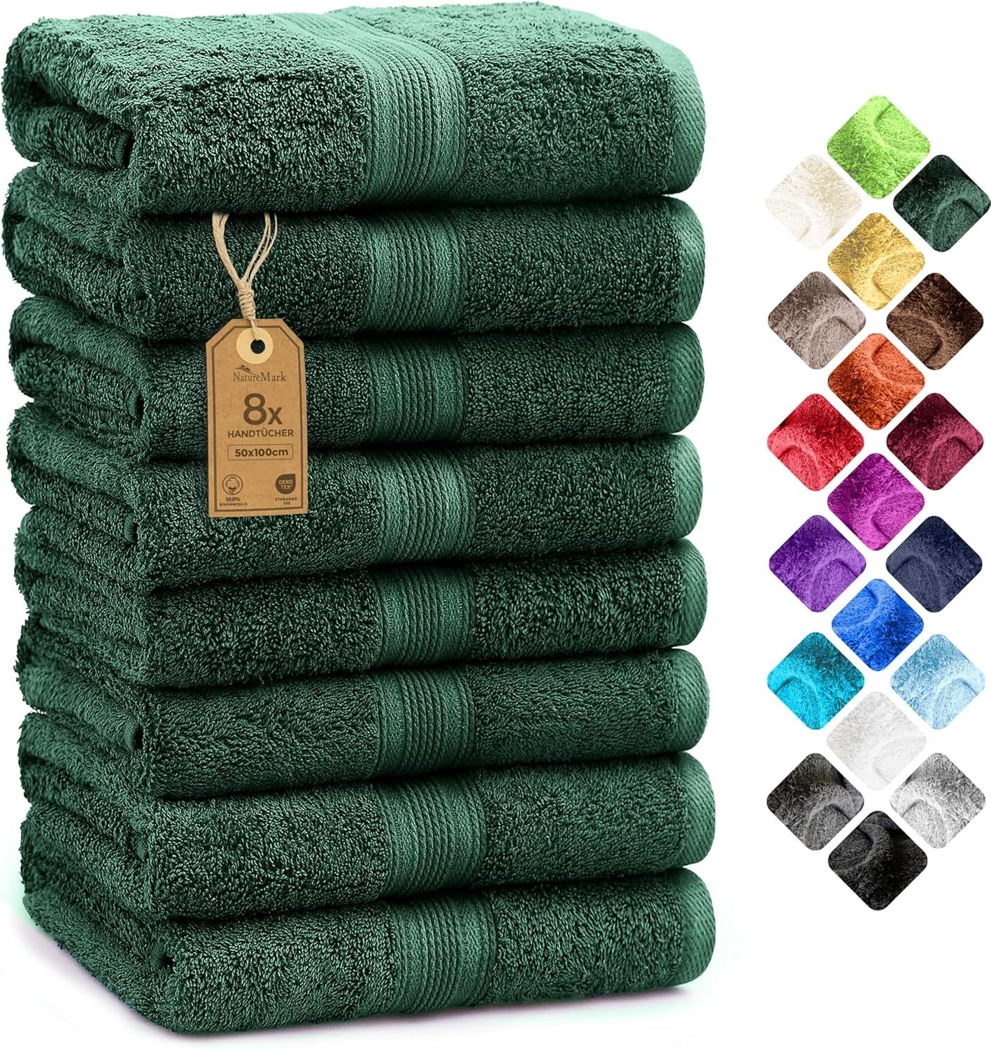 NatureMark 8er Pack Handtücher, 100% Baumwolle, 50x100 cm, Handtuch Set Dunkel Grün