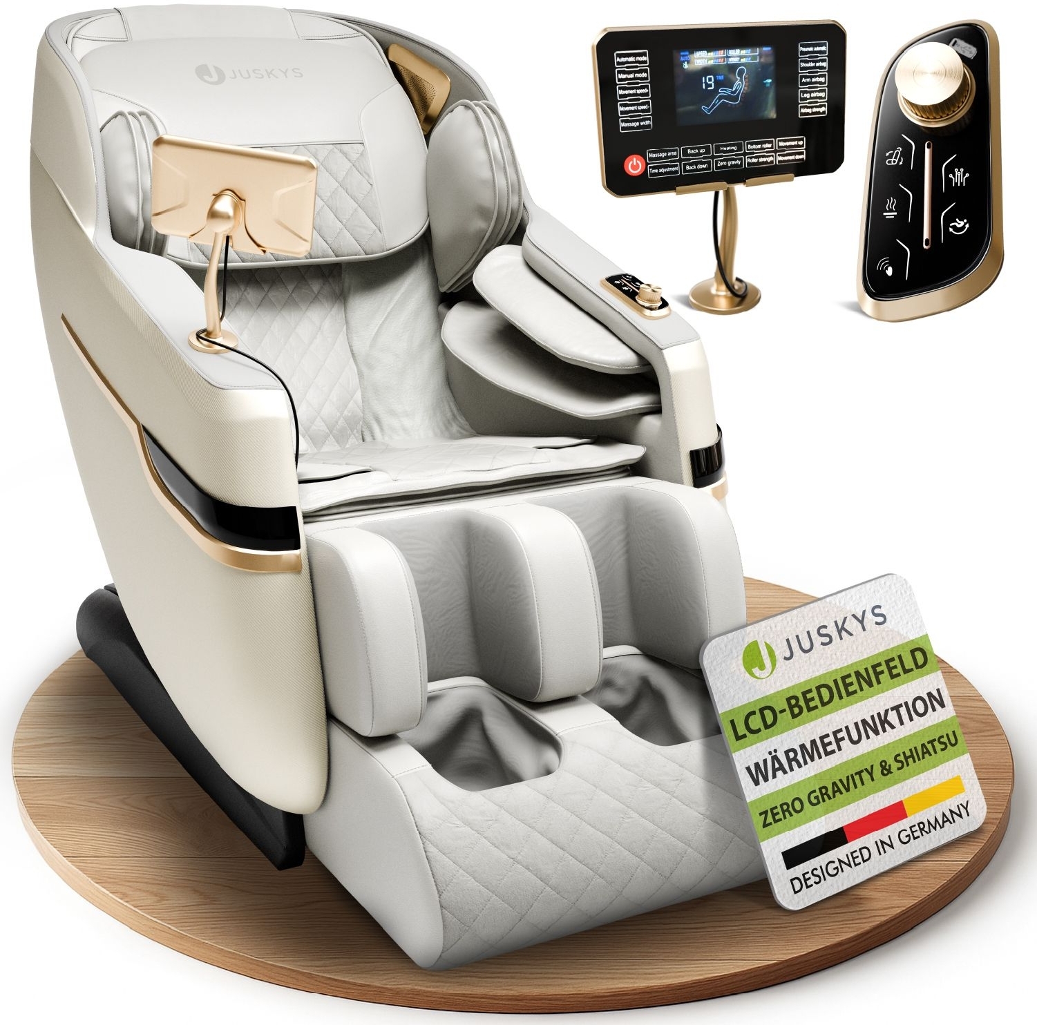Juskys Massagesessel Naxos, mit LCD-Bedienfeld, Bluetooth, Airbags, Heizung, Rollenmassage, USB & Fußverlängerung, Fix-Point-Technologie - Weiß/Hellgrau