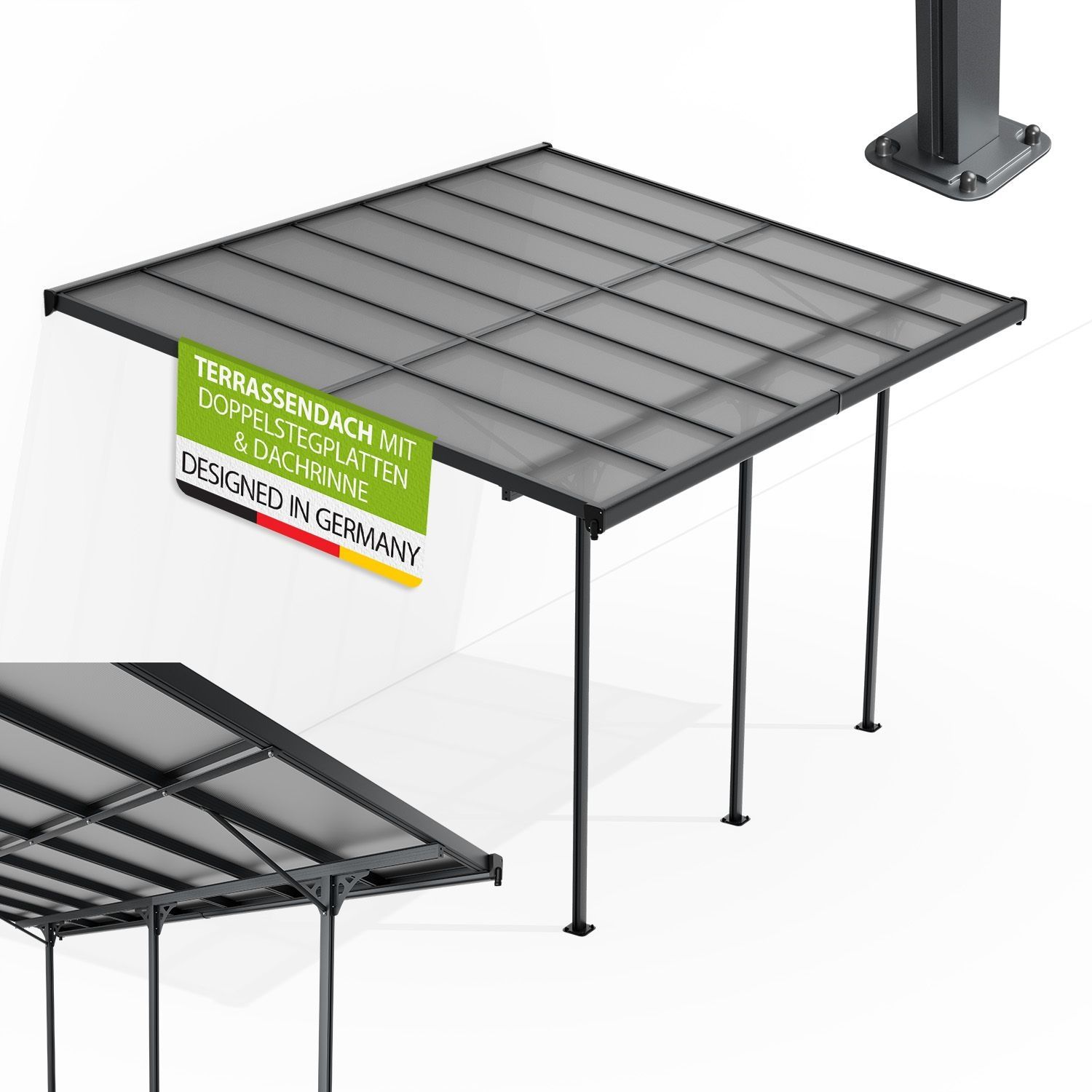 Juskys Terrassenüberdachung Borneo 4x3 m – Aluminium Terrassendach mit Doppelstegplatten Sonnenschutz Wandmontage Überdachung für Terrassen Anthrazit