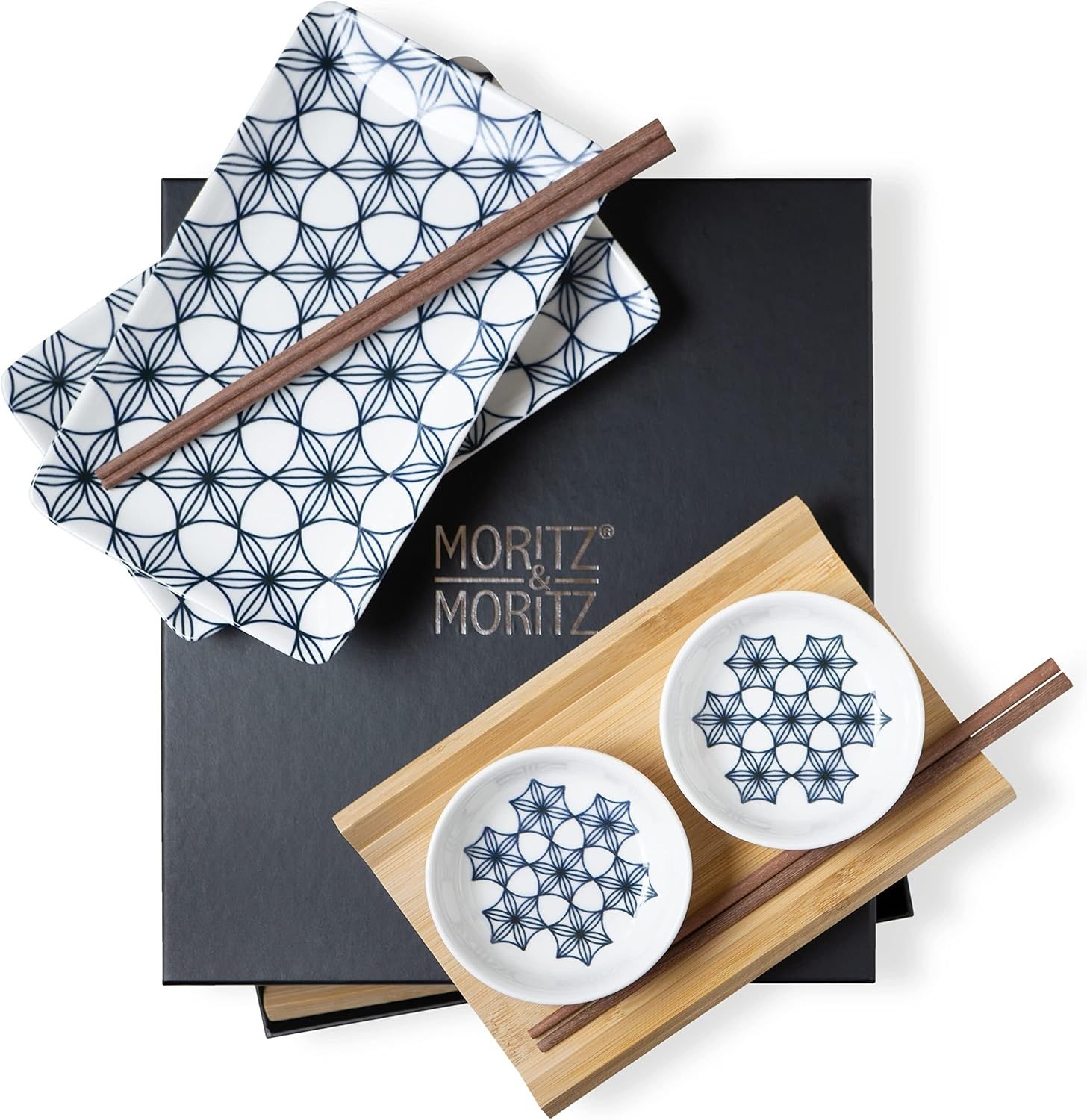 Moritz & Moritz Tafelservice Sushi Set 10tlg Blaue Blumen (8-tlg), 2 Personen, Porzellan, Geschirrset für 2 Personen