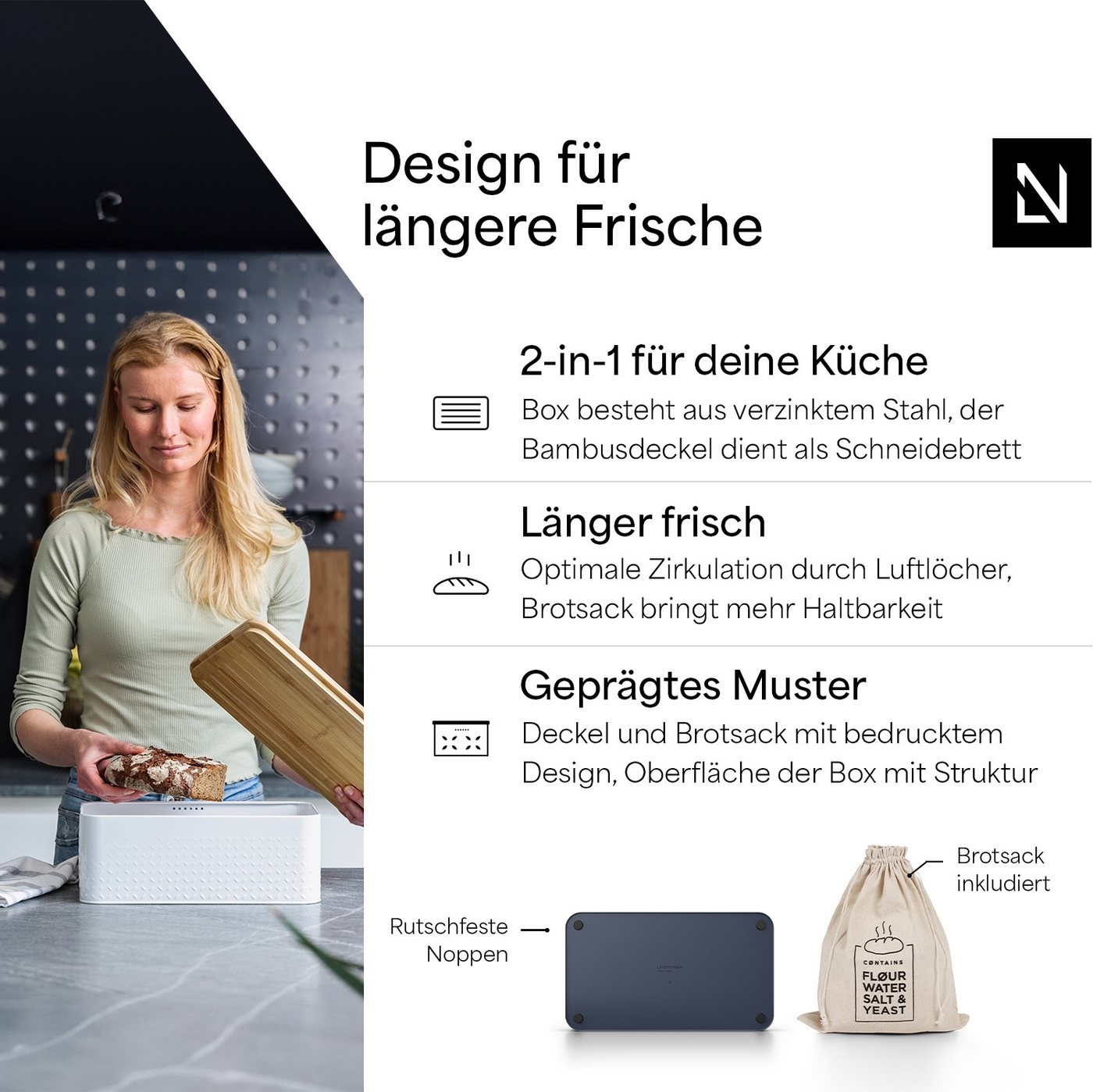 LARS NYSØM Brotkasten Glæde, (1-tlg), Brotkasten mit Schneidebrett-Deckel aus Bambus