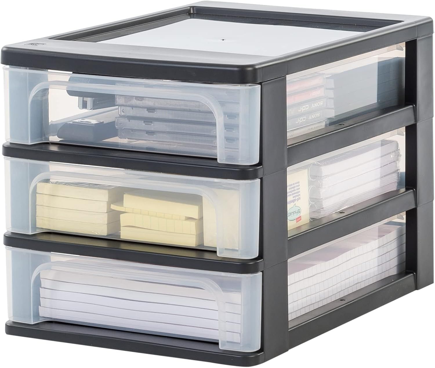 Iris Ohyama, Schubladenbox, Schubladenschrank, Schwarz, 3 Transparente Schubladen, A4, Schubladenbox kunststoff, Schreibtisch Organizer für Büro, Aufbewahrung, Büro, Schule, BPA-frei, OCH-2030