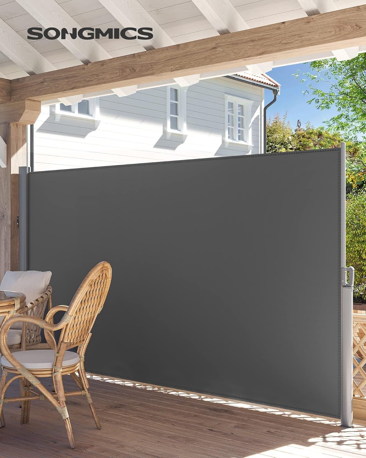 SONGMICS Seitenmarkise, ausziehbar, 2 x 3,5 m (H x L), für Balkon, Terrasse und Garten, mit Bodenhalterung, Sichtschutz, Sonnenschutz, Seitenrollo, grau GSA205G01