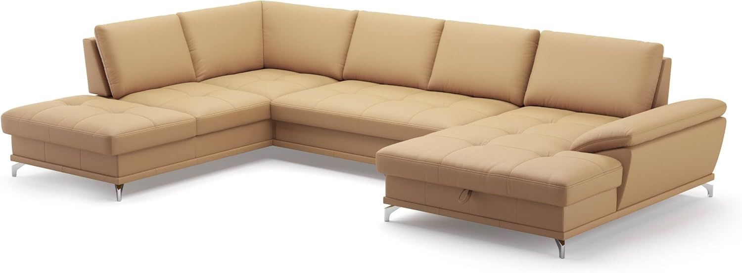 Cavadore Wohnlandschaft Castiel mit Federkern / Sofalandschaft mit großem Longchair, Sitztiefenverstellung und satinierten Metallfüßen / 363 x 89 x 223 / Echtleder, Beige