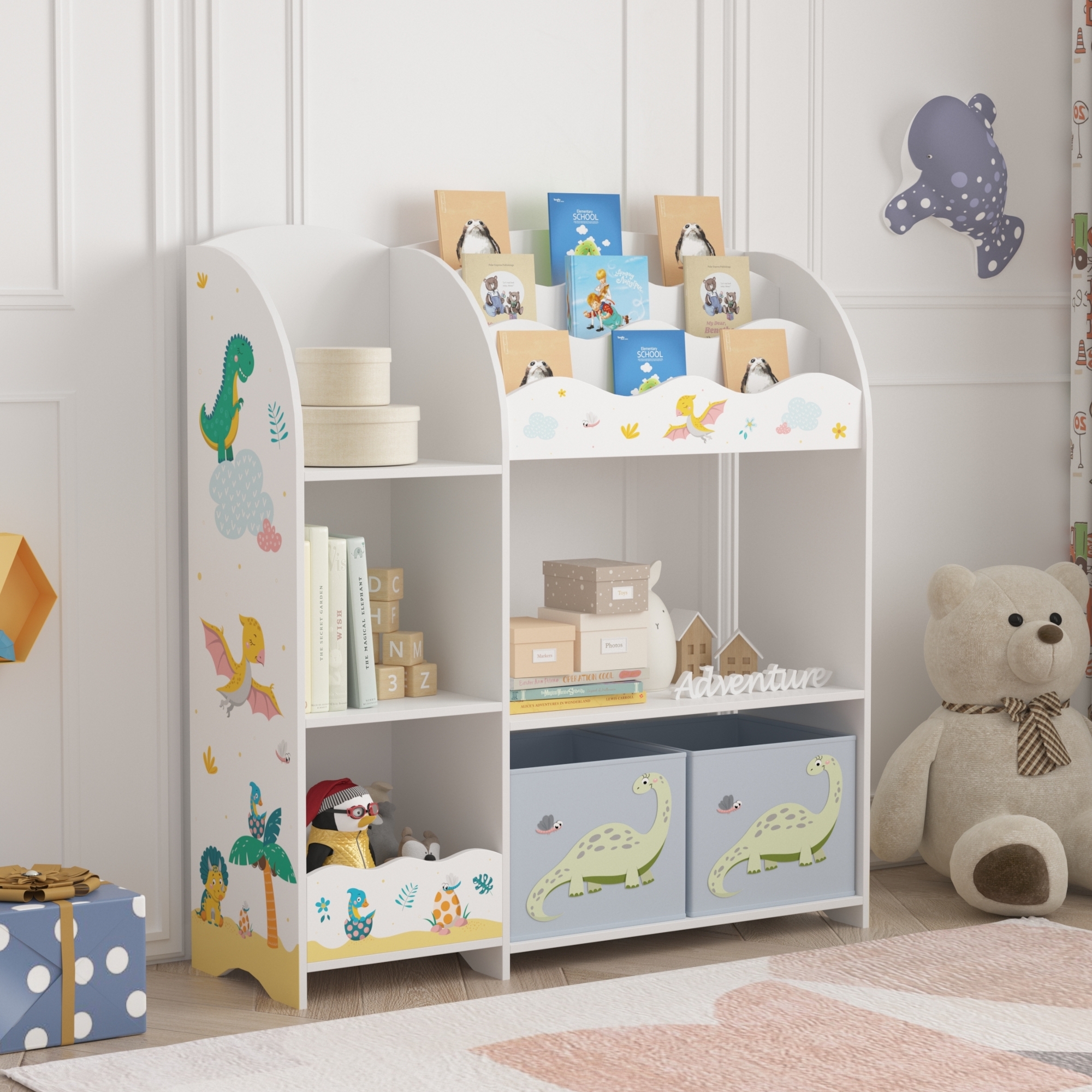 Kinderregal Lysekil 100x93x30 cm mit Dinosaurier Motiv [en. casa]