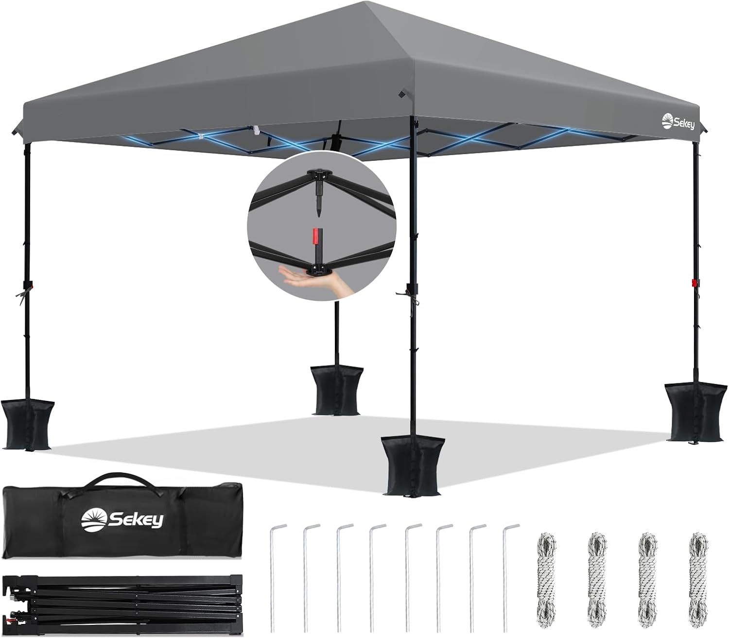 Sekey EIN Personen Setup Pavillon 3x3 Wasserdicht Stabil Winterfest, Pop Up Faltpavillon Camping, Faltbar Partyzelt Gartenzelt mit 4 Sandsäcke für Festival, Events, Picknicks, Grau