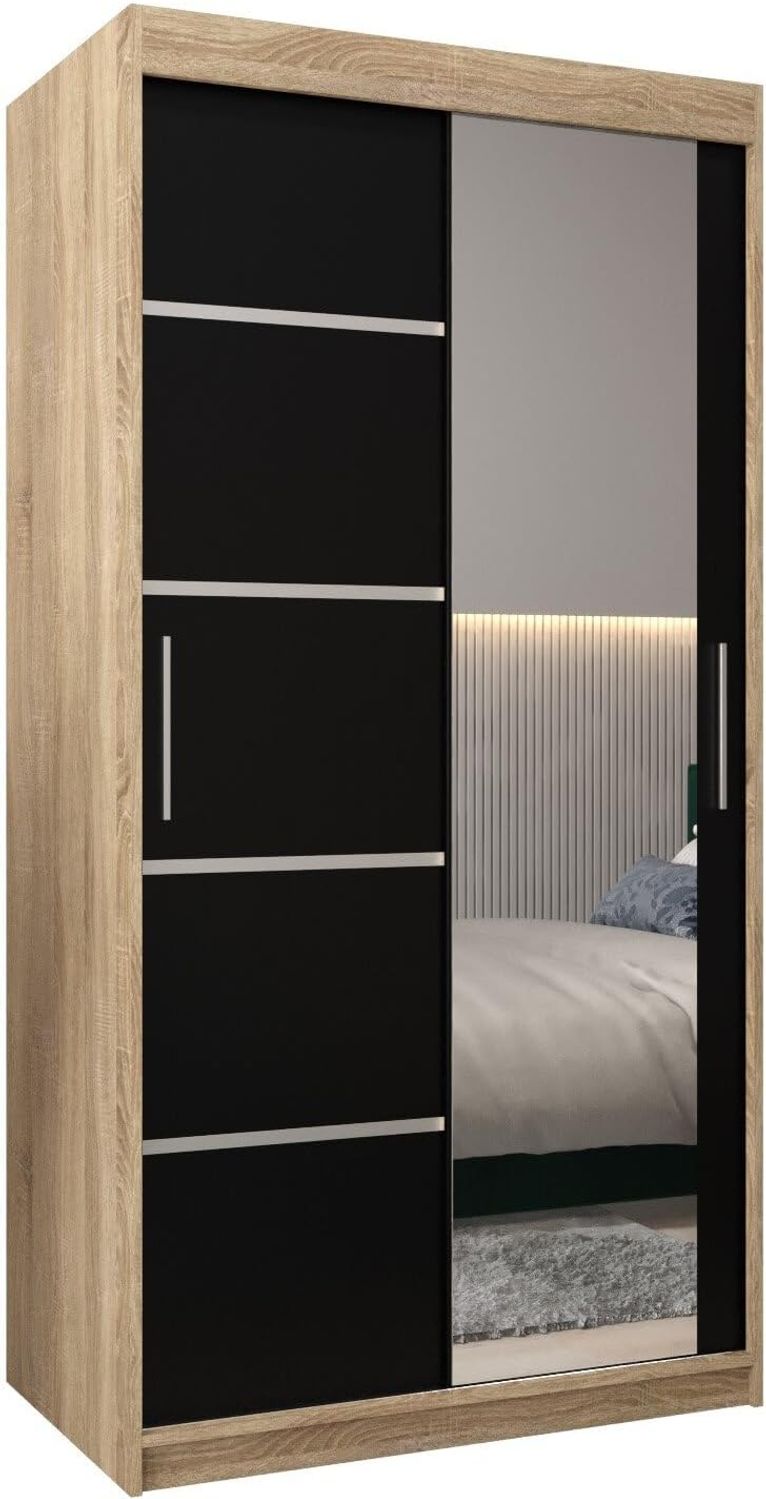 Schwebetürenschrank Verona 2-100 cm mit Spiegel Kleiderschrank mit Kleiderstange und Einlegeboden Schlafzimmer- Wohnzimmerschrank Schiebetüren Modern Design (Sonoma + Schwarz)