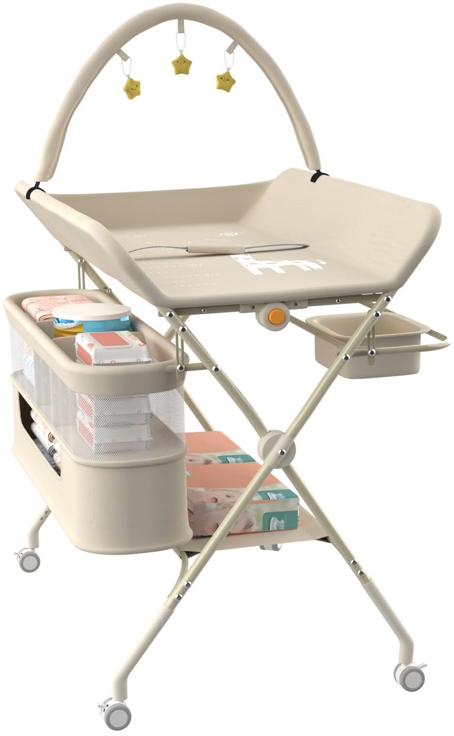Wickeltisch, 3-in-1, Wickelkommode für Baby, von Geburt bis 12 Monate (bis 25 kg), Wickeltisch, faltbar, tragbar, Wickeltisch für Babys, mit 4 Rollen,75 x 68 x 83–91 cm (Schwarz) Cremeweiß