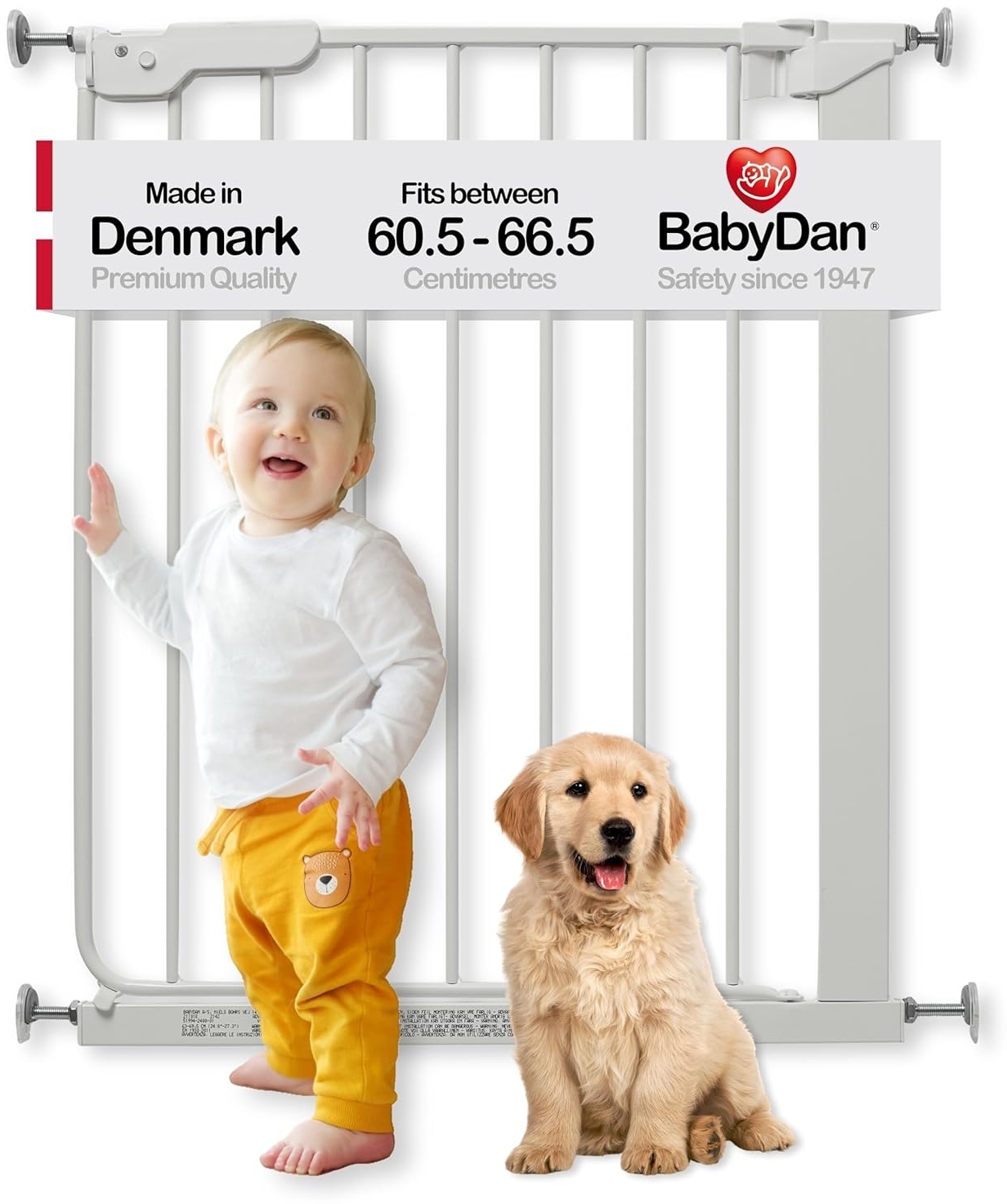 BabyDan Esjberg Türschutzgitter für Kinder und Babys, extra schmal, für Öffnungen von 60,5–66,5 cm, Weiß, hergestellt in Dänemark aus 100% italienischem Stahl.