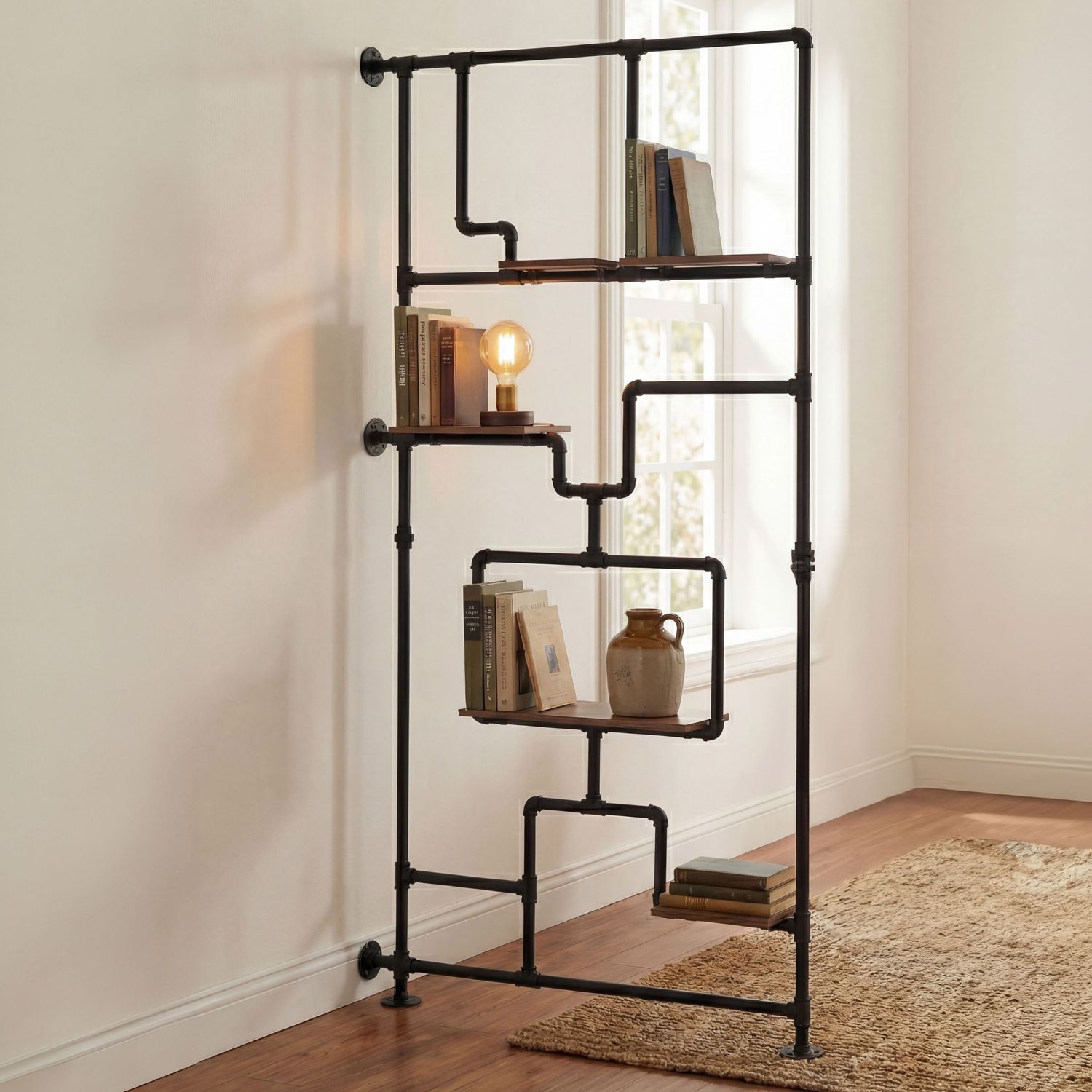 Raumteiler mit Regal HWC-P10, Wohnregal Ablageregal, Industrial Metall Melamin MVG 203x100x20cm ~ braun