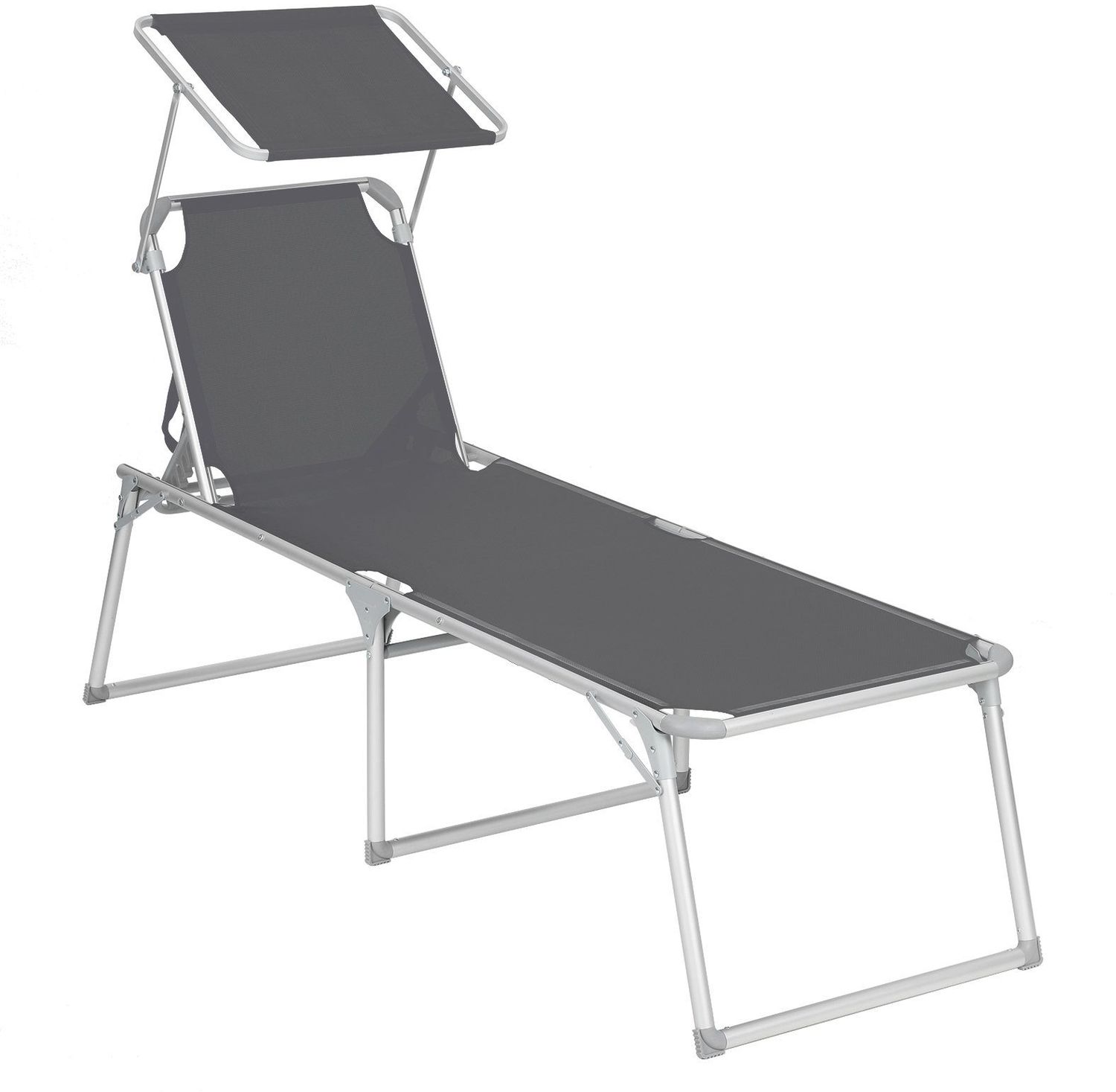 SONGMICS klappbare Sonnenliege, 65 x 200 x 48 cm, bis 150 kg belastbar, Liegestuhl, Gartenliege, extra groß, mit Sonnendach, Rückenlehne verstellbar, dunkelgrau GCB26GY