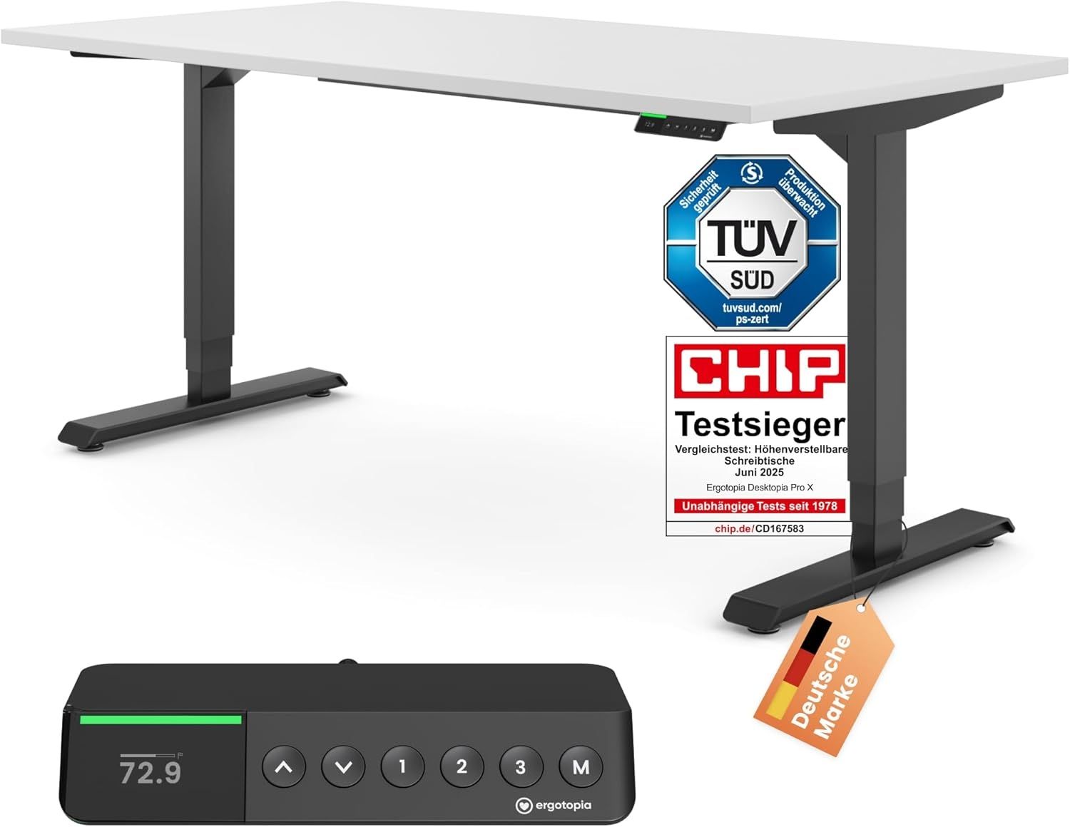 Desktopia Pro X - Elektrisch höhenverstellbarer Schreibtisch / Ergonomischer Tisch mit Memory-Funktion, Weiß, Gestell Schwarz, 160x80 cm