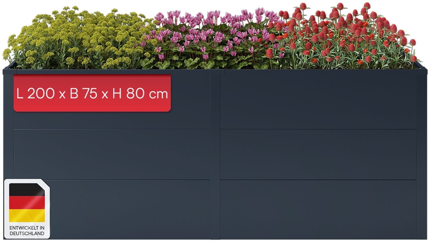 STEELSØN 'Icarus' Hochbeet, Metall, anthrazit, wetterfest, 200x75x80 cm, Pflanzenbeet mit offener Bodenstruktur