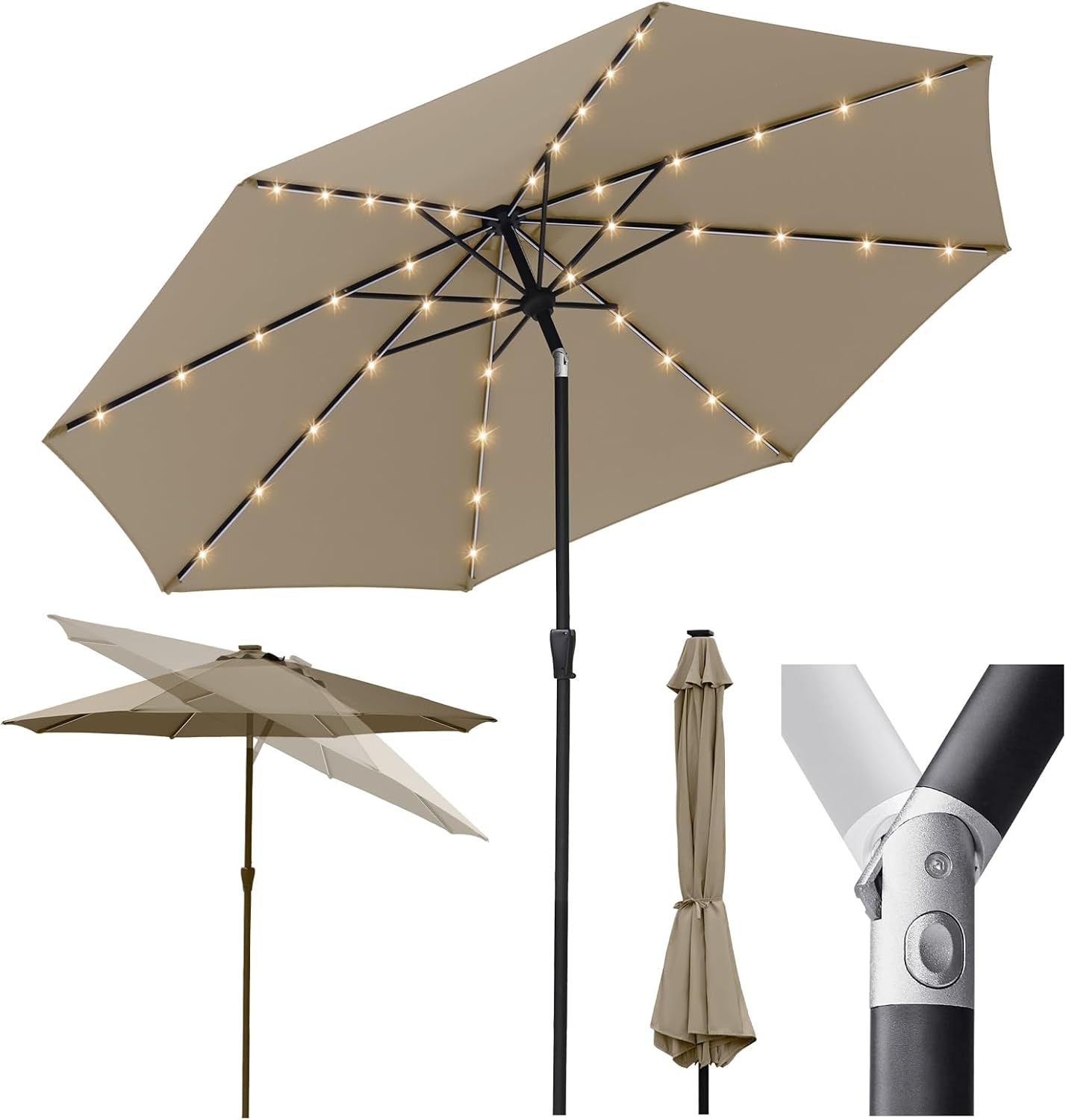 Sekey Solar-LED Sonnenschirm 330cm mit 40 LED, Windfester Gartenschirm UV 50+, Alu-Sonnenschirm mit Kurbel für Terrasse Balkon Garten