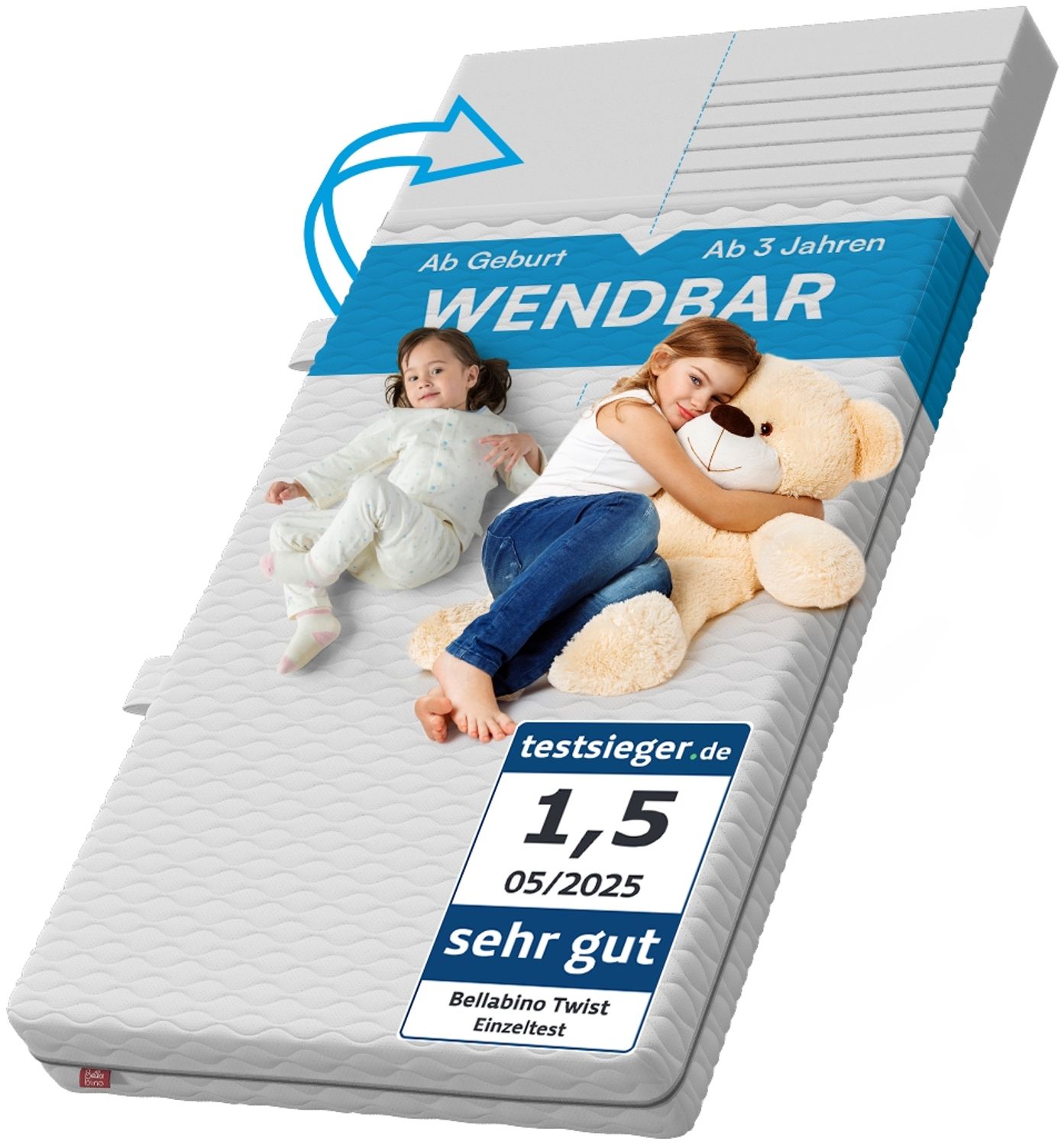Bellabino 'Twist' Baby- und Kindermatratze 120x200 cm, Höhe 15 cm, Härtegrad H1/H2, wendbare 7-Zonen Kaltschaummatratze, abnehmbarer Bezug, Matratze für Kinder ab Geburt bis 13 Jahren