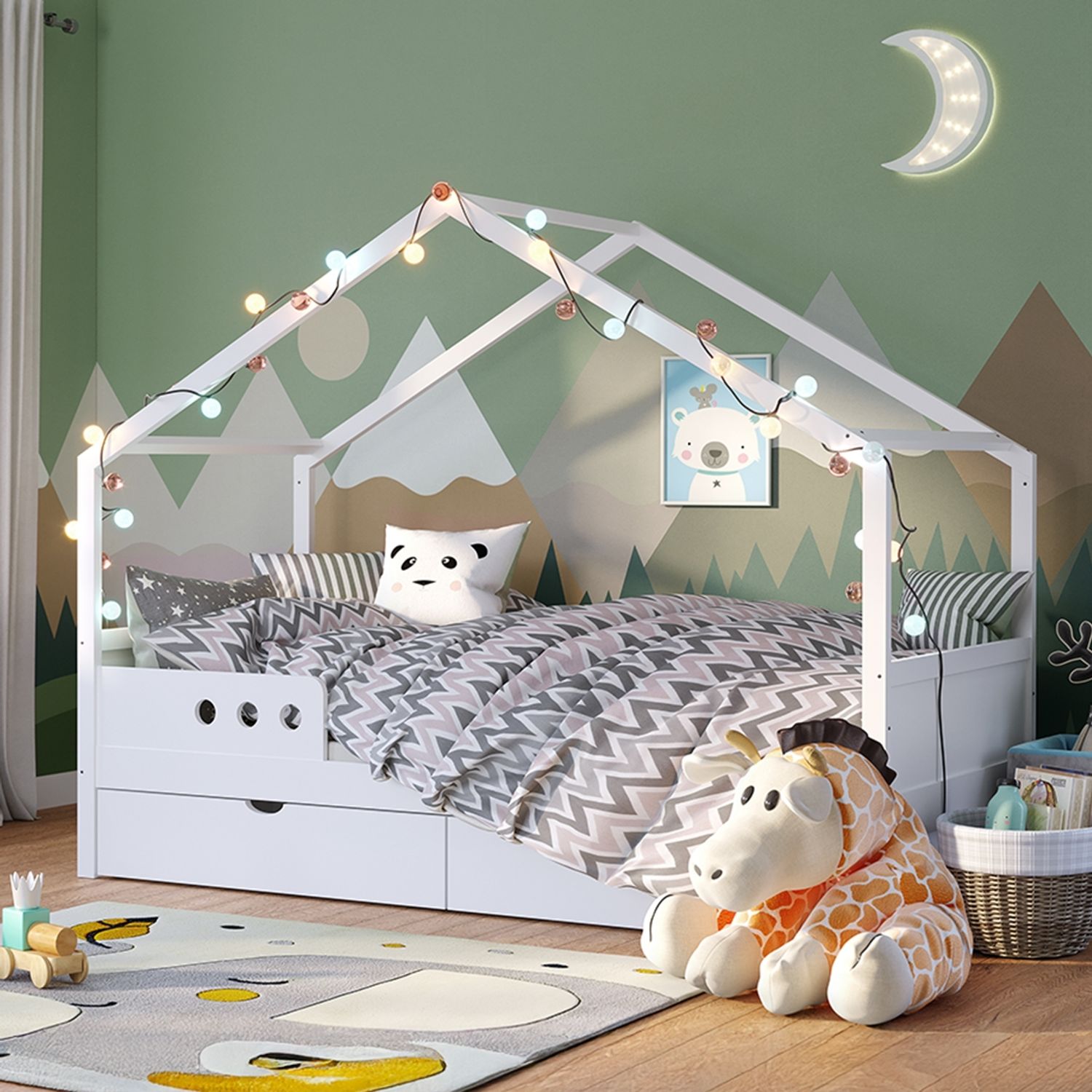 Bellabino 'Bela' Hausbett 90x200 cm mit 2 Schubladen, weiß, Kiefer Massivholz, Montessori Kinderbett mit Stauraum, inkl. Rausfallschutz und Lattenrost