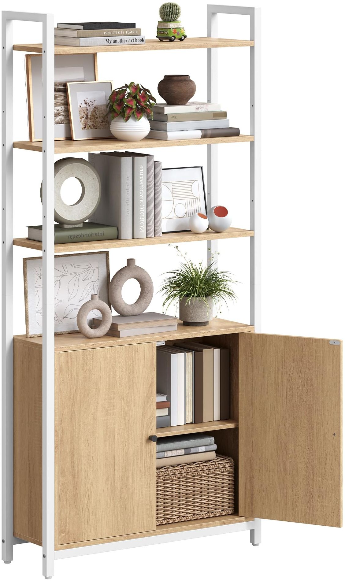 VASAGLE Bücherregal, 6 Ebenen, Regal, Standregal mit Türen, Metallrahmen, verstellbaren Ablagen, 24 x 60 x 159,5 cm, für Wohnzimmer, Schlafzimmer, goldeichenfarbe-mattweiß LLS133YA01