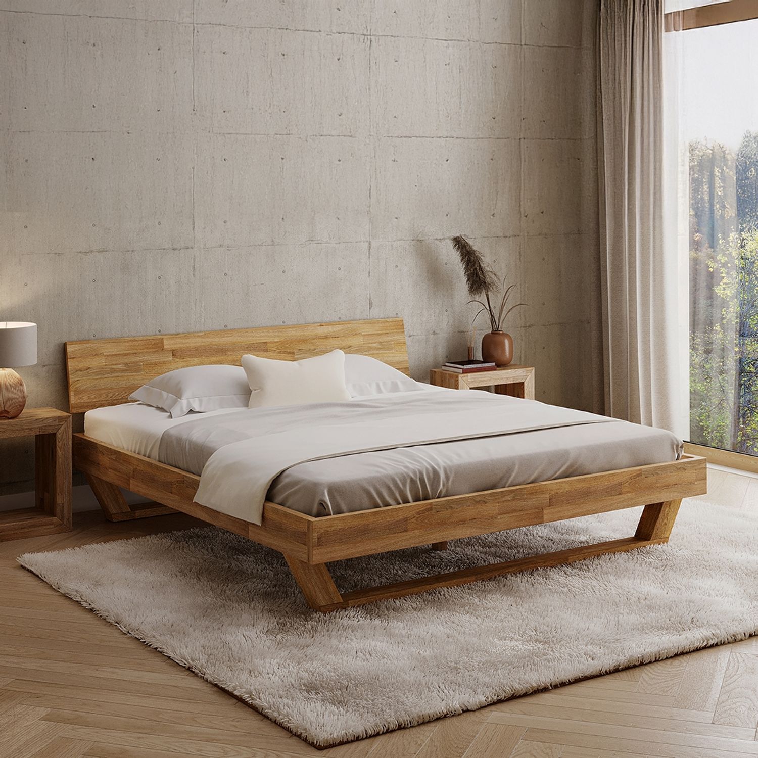 skølm 'Nornir' Bett 180x200 cm, Bettgestell, natur geölt, Massivholzbett aus Eiche mit Holzkufen, Doppelbett mit durchgehendem Bettkopf