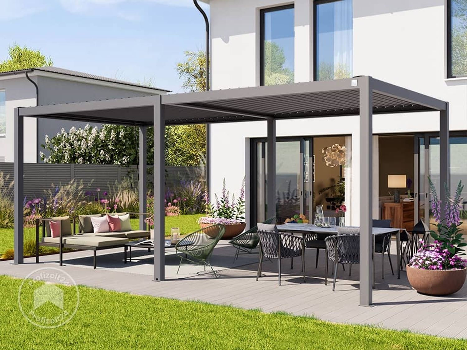 PRIMEYARD Pergola 3x6 m Aluminium-Pfosten mit Lamellendach aus Stahl graue Terrassenüberdachung