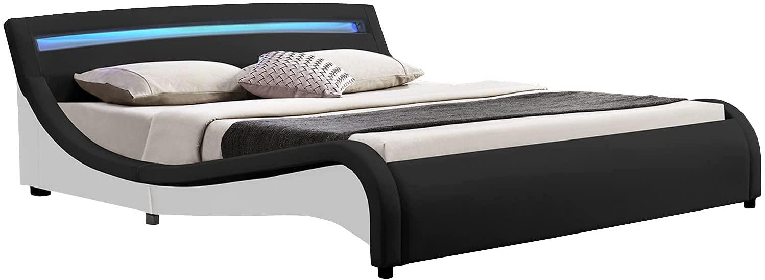 Juskys Polsterbett Malaga 180x200 cm – Bett mit Lattenrost & LED Beleuchtung im Kopfteil – Holz Bettgestell mit Kunstleder – Doppelbett schwarz