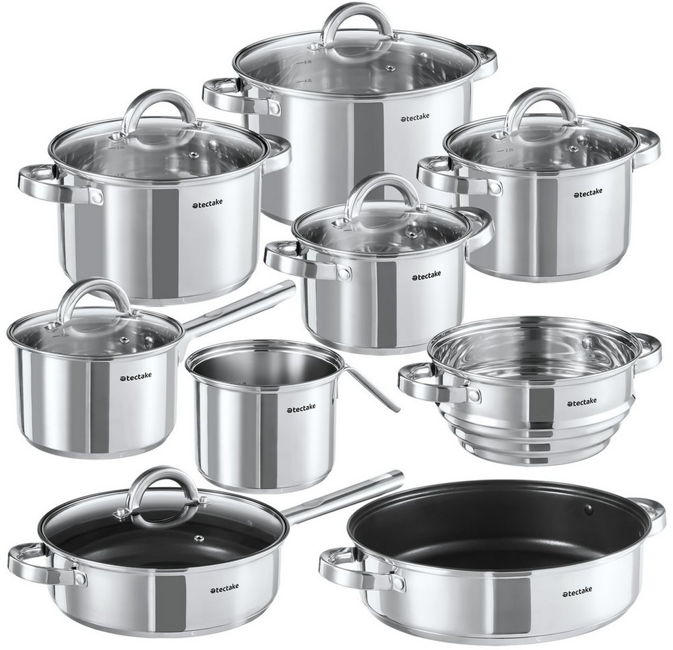 tectake Topf-Set Kochtopfset, Edelstahl, 15-teilig, aus Edelstahl, für Induktion geeignet