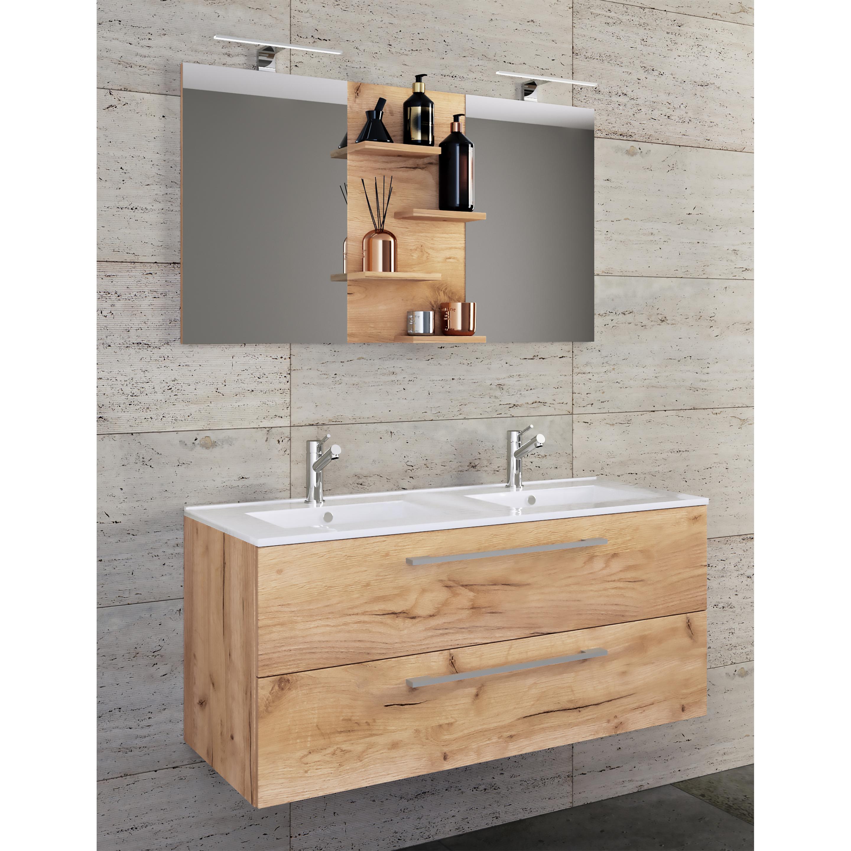 VCM Budasi, Badmöbelset 3-tlg. mit Doppelwaschplatz, Keramikbecken, Spiegel mit 4 Ablageböden, weiß