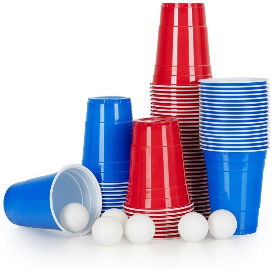 Stagecaptain Beer Pong Becher und Bälle, 90 Becher und 6 Spielbälle, Kunststoff rot / blau, 473 ml