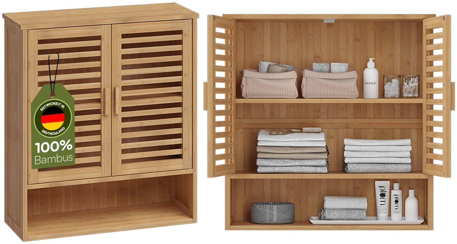 Bellamio 'Newa' Badezimmer Hängeschrank, Bambus, natur, 66x21x59 cm, Badezimmerschrank mit 3 Ablagefächern