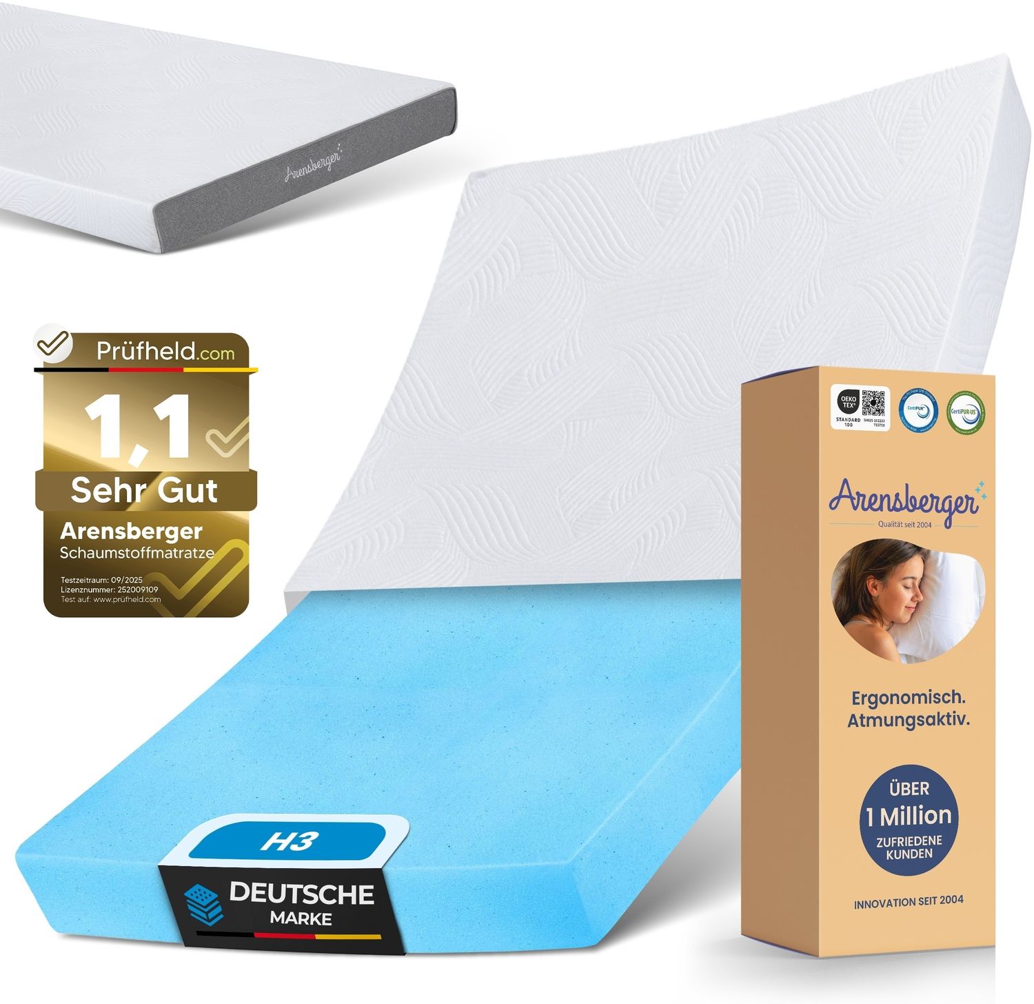 ARENSBERGER LINA, Gelschaum Matratze 90x200 cm – 11 cm NANOCELL® Gel-Schaum – H3 Härtegrad – Atmungsaktiv – Abnehmbarer Bezug 240g/m²