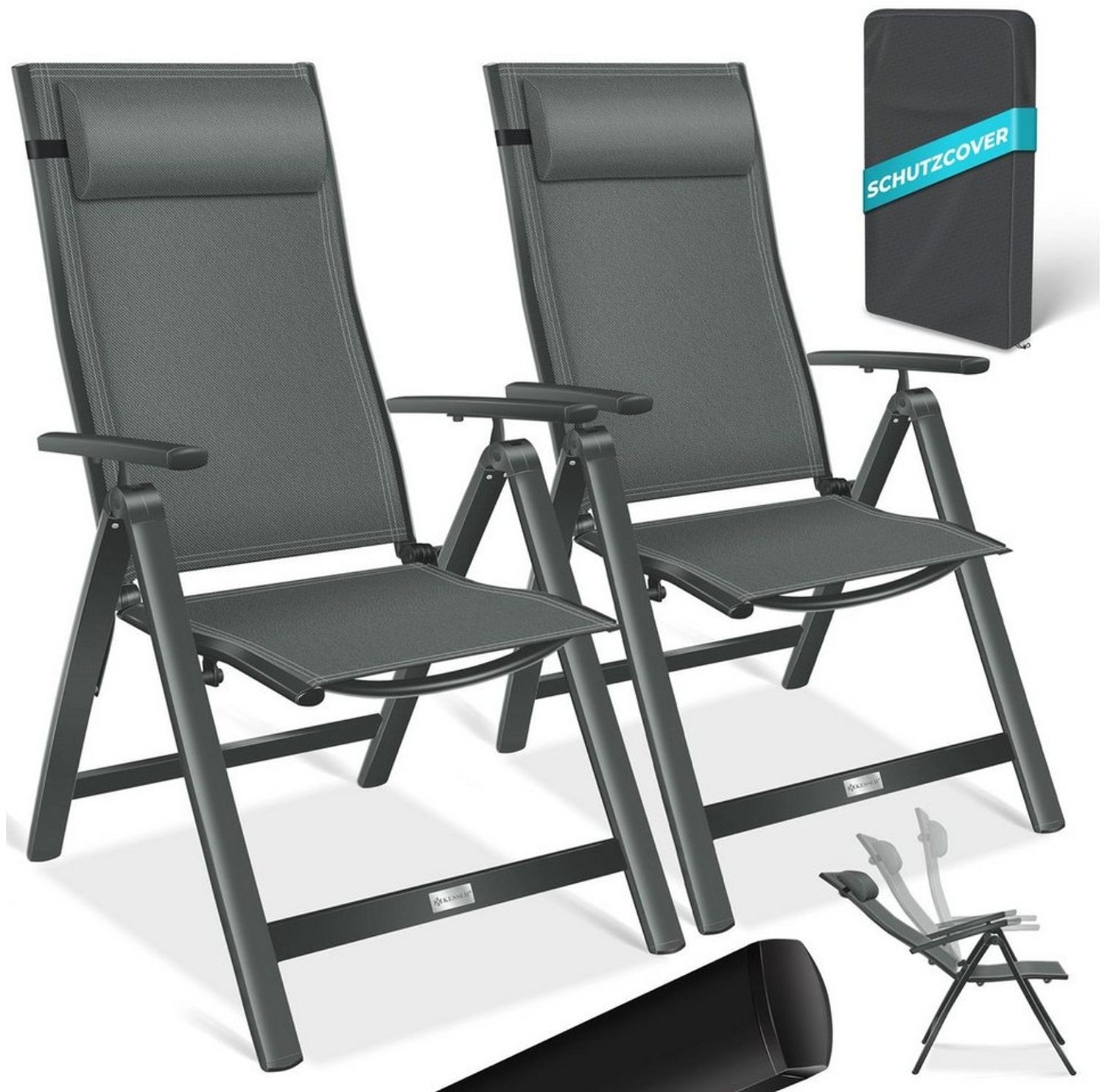 KESSER® Gartenstuhl Hochlehner mit Armlehnen | Aluminium Klappstuhl inkl. Kopfkissen Campingstuhl 7-Fach Verstellbar Rückenlehne | Atmungsaktiv & Wetterfest | Klappbar & Anti-Rutsch Anthrazit, 2 Stück