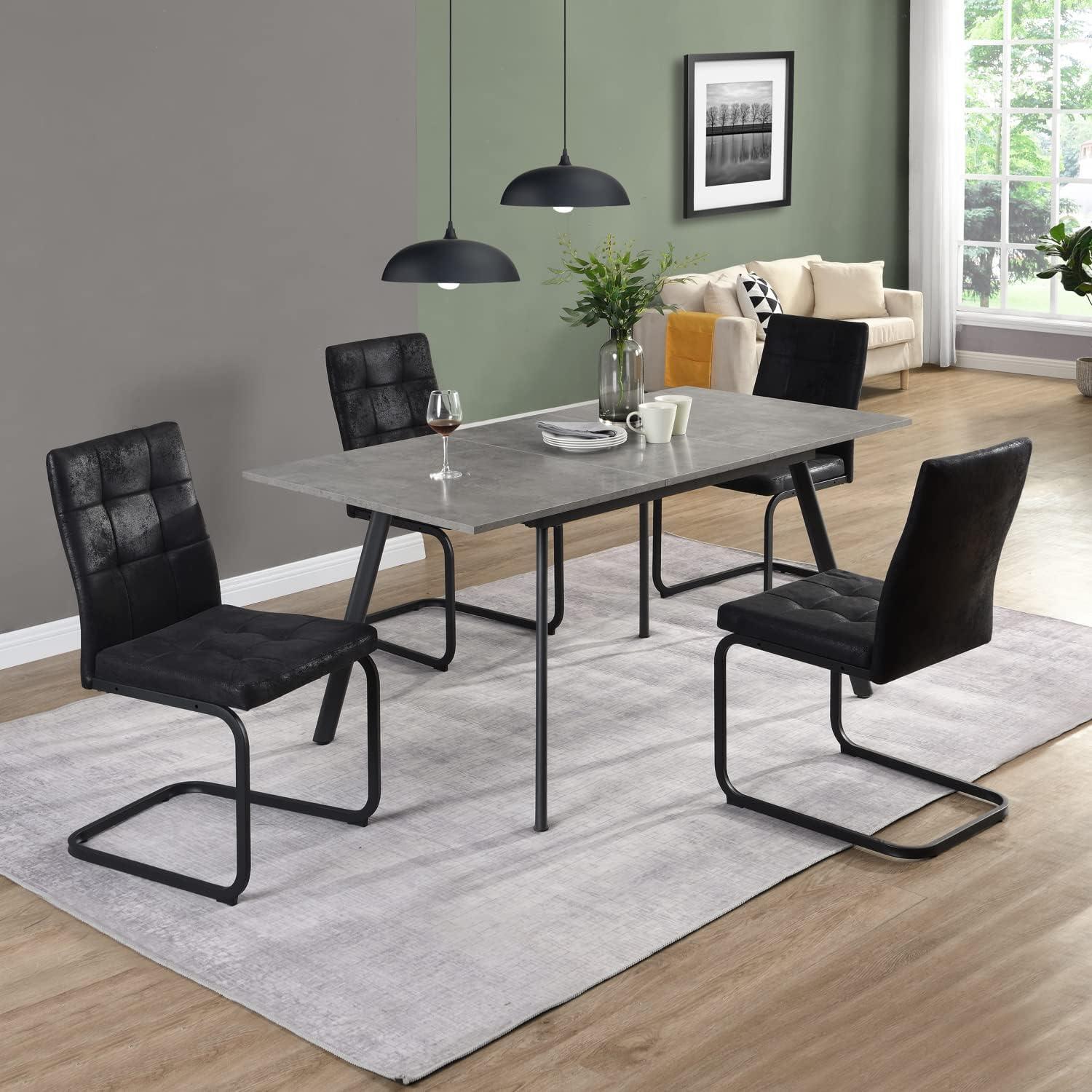 B&D home Essgruppe mit 4 Stühlen, Esstisch ausziehbar, Freischwinger Stühle schwarz Microfaser, für Küche, Esszimmer, Skandinavische Design, Beton Optik