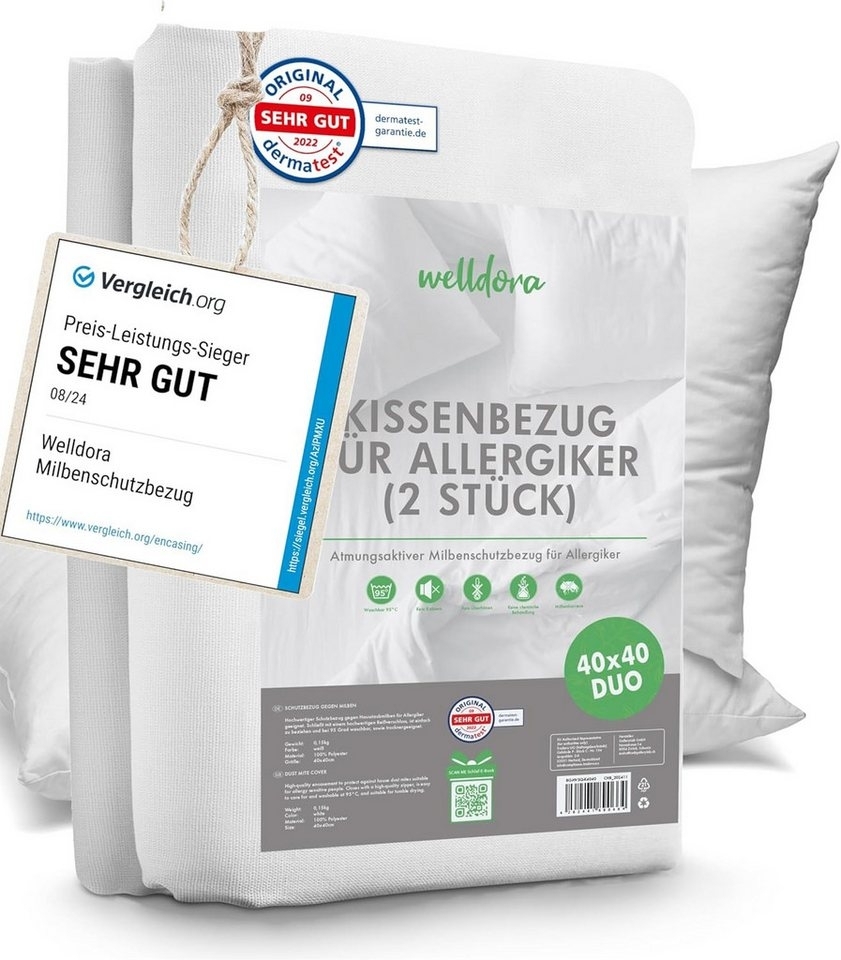 Welldora Kissenbezug für Allergiker, Milbenbezug Kissen, fachärztlich getestet, (2 Stück), Encasing gegen Milben & Bettwanzen ǀ Allergiker Bettwäsche