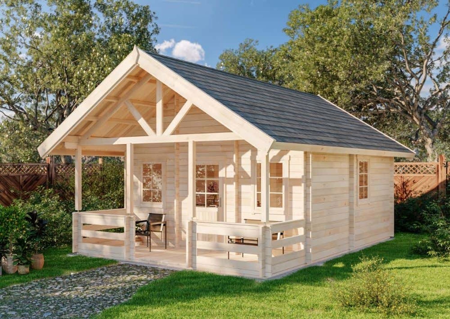 Alpholz Garten- und Freizeithaus Lillehammer ISO Blockhaus aus Holz Holzhaus mit 44 mm Wandstärke inklusive Terrasse inklusive Schlafboden Blockbohlenhaus mit Montagematerial