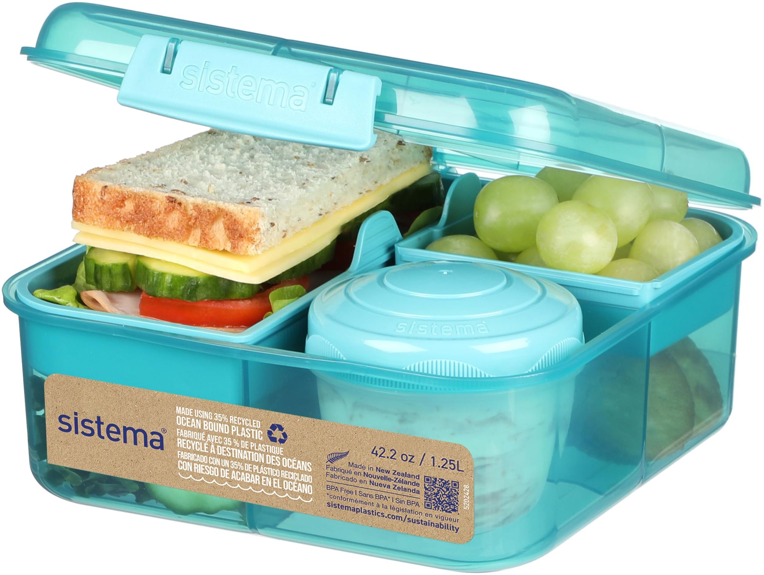 Sistema Bento Box Ocean Bound Plastic Brotdose mit Fächern | 1,25 L Lunchbox mit Joghurt-/Fruchtbehälter | Lunchbox Kinder & Erwachsene l | Hergestellt mit recyceltem Kunststoff | türkis