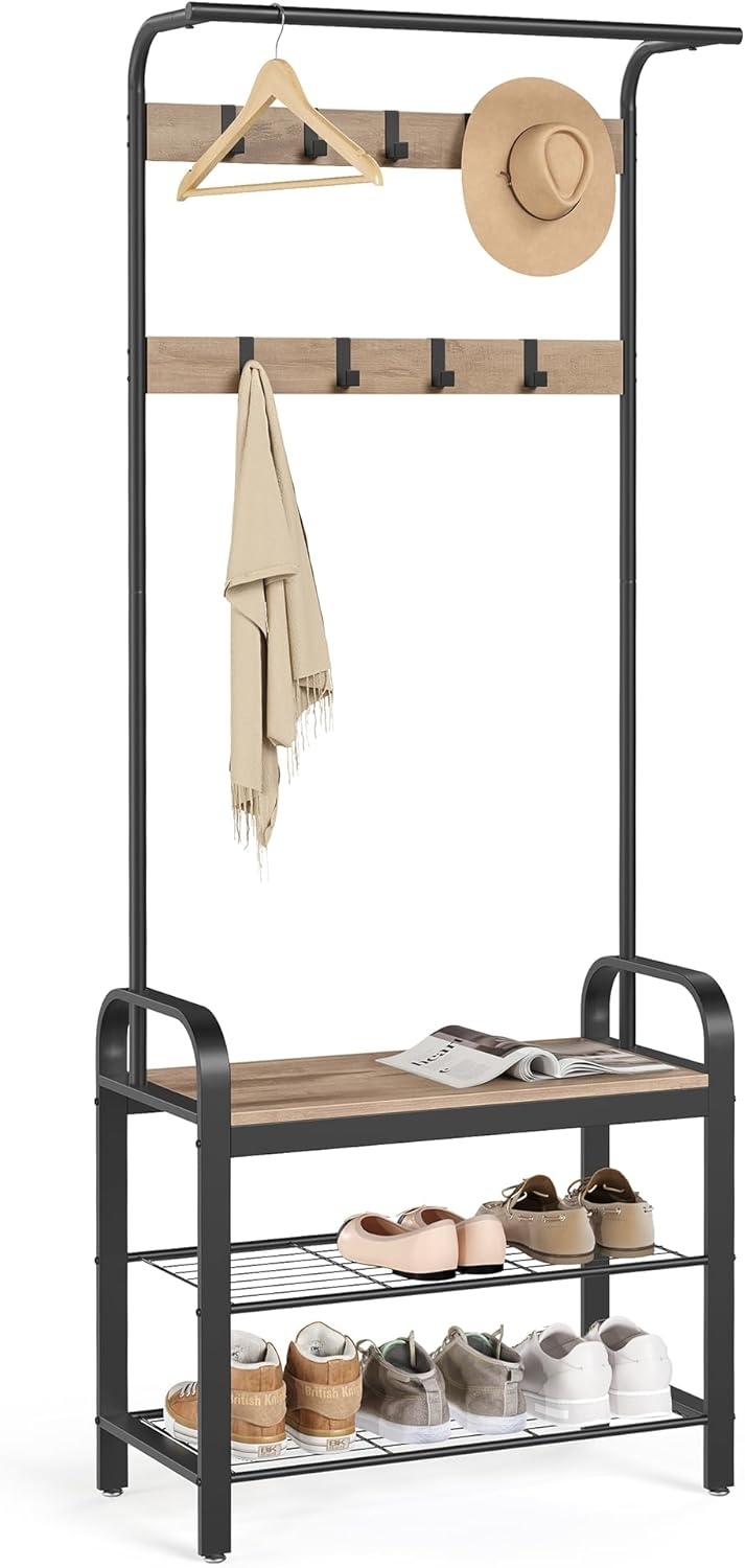 VASAGLE Garderobenständer, Garderobe, mit Schuhbank, 4-in-1 Design, 9 abnehmbare Haken, Kleiderstange, Eingangsbereich, Flur, 33,7 x 72 x 183 cm, Industrie-Design, Kamelbraun -tintenschwarz HSR040K02