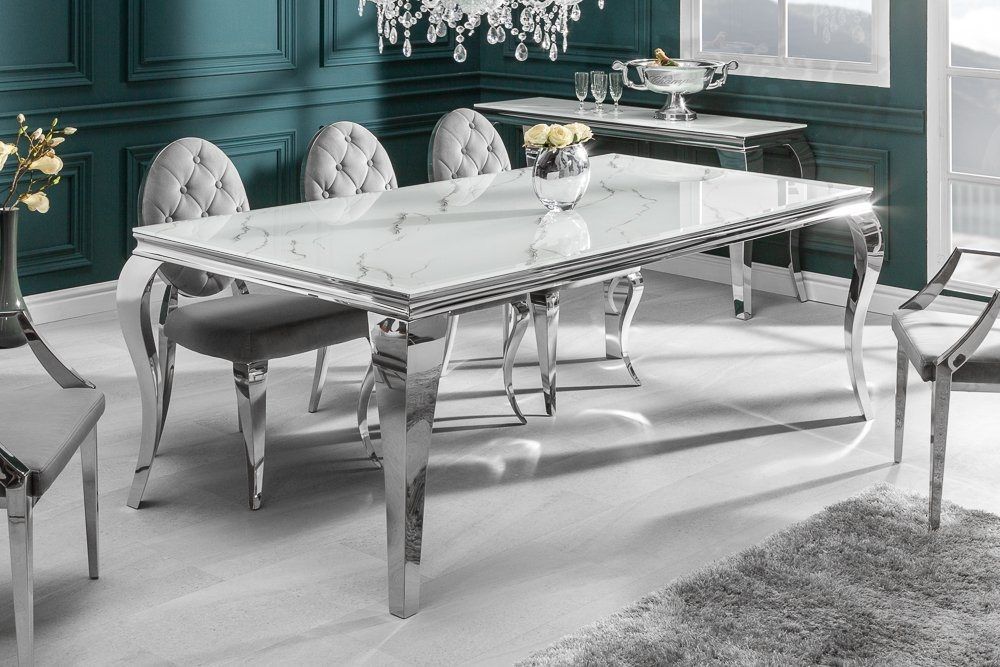 riess-ambiente Esstisch MODERN BAROCK 200cm grau / weiß (Einzelartikel, 1-St), Marmor-Design · Glasplatte · Edelstahl-Beine · bis 8 Personen