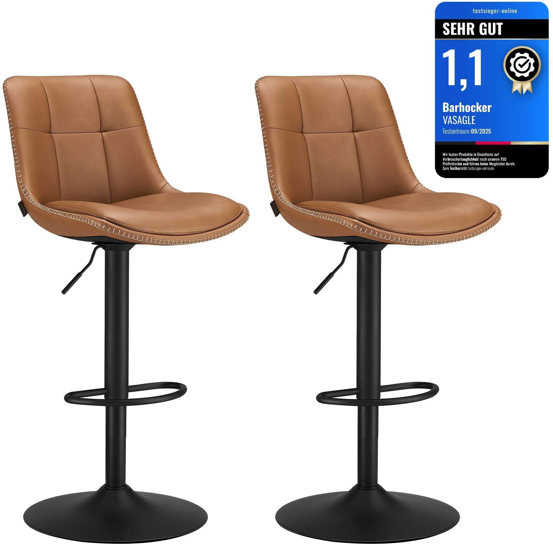 VASAGLE Barhocker 2er Set, Barstühle höhenverstellbar, drehbare Küchenhocker, gesteppter PU-Bezug, mit Rückenlehne und Fußstütze, Esszimmer, Theke, Stahl, karamellbraun LJB095K01