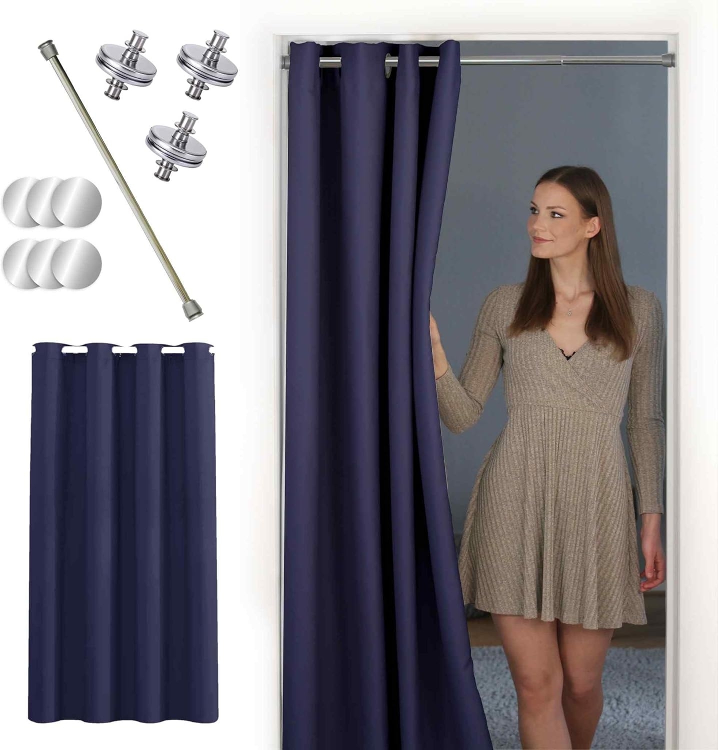 tinycurtains Türvorhang mit Stange silber 70-120 cm Thermo Vorhang ohne Bohren, blickdicht, Ösen, abdunkelnd, Polyester, dunkelblau Ocean, Türgardine mit Klemmstange Raumtrenner verdunkelnd