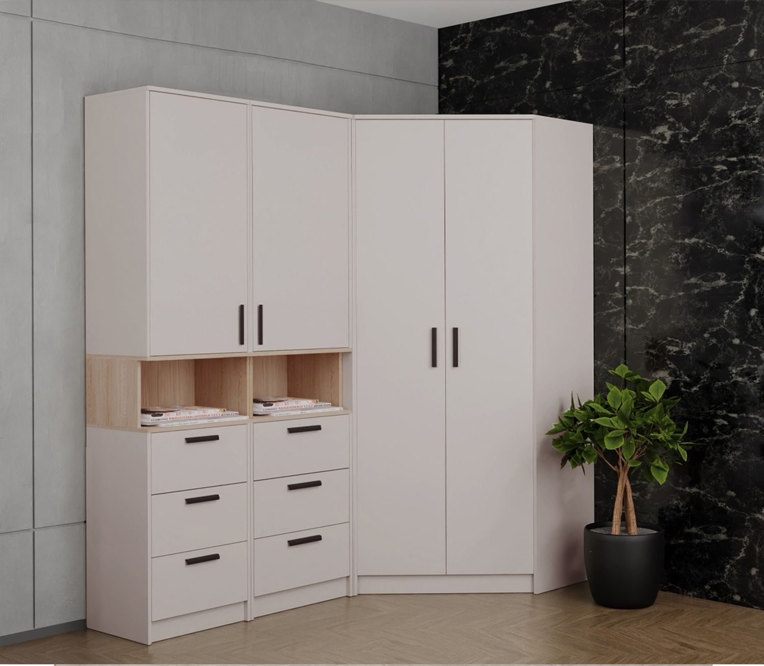 Marmex Möbel Grant 17C Ein Garderoben-Set, Mehrzweckschrank-Set ,Flur, Schlafzimmer, Eckschrank-Set, laminierte Spanplatte, graubeige cashmere+cremona torro, 143x195x143 cm