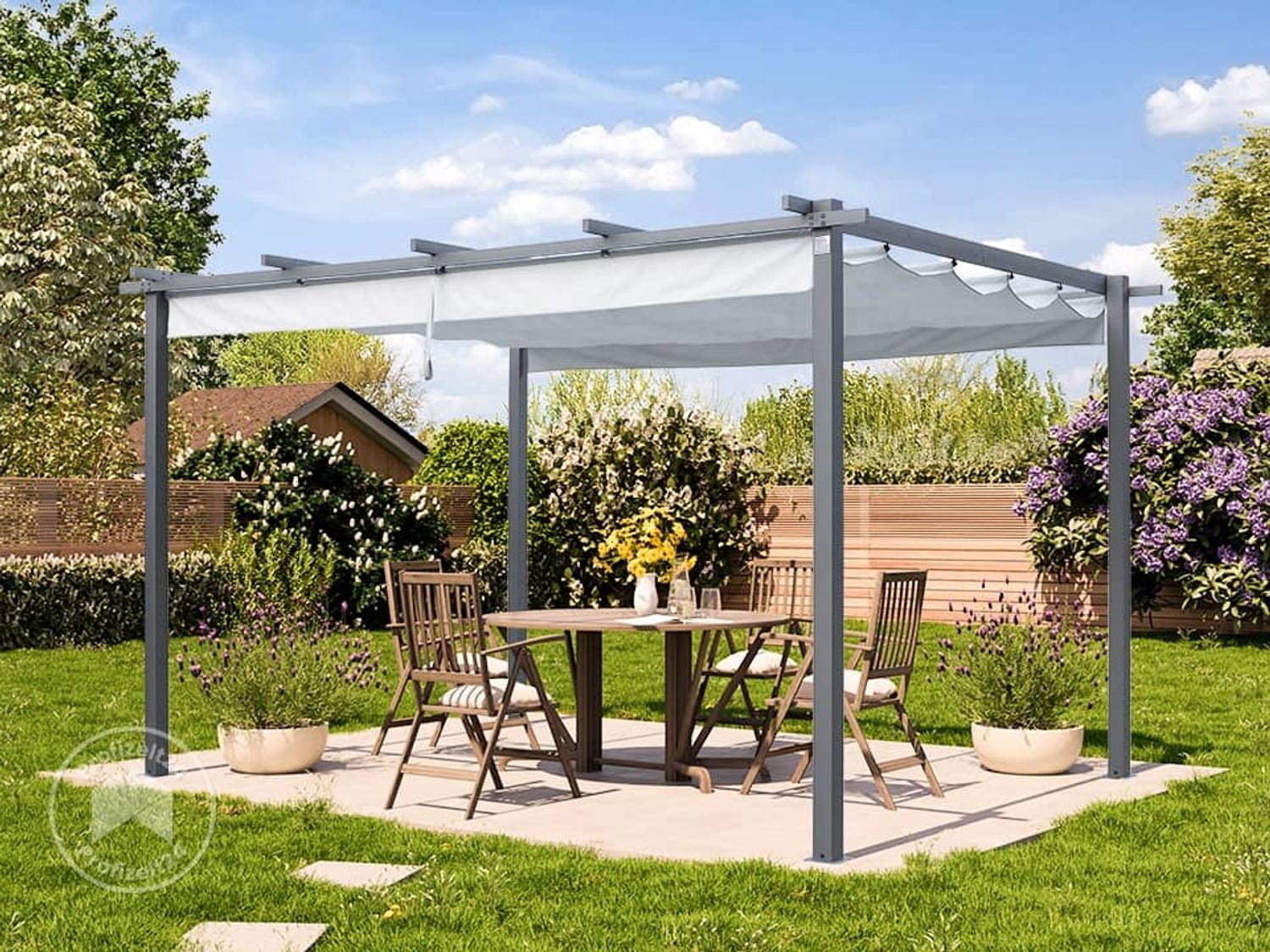 PRIMEYARD Pergola 3x4 m Terrassenüberdachung mit grauem Schiebedach Stahlrahmen