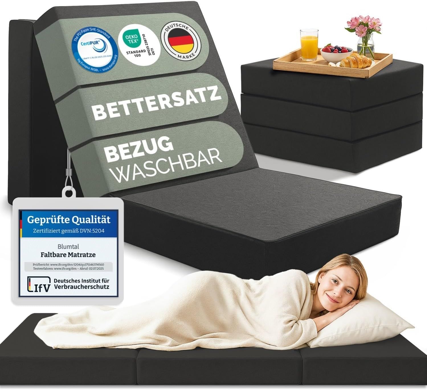 Klappmatratze Klappmatratze- 3teilige Gästematratze klappbar extra dick (14 cm), Blumtal, 14 cm hoch, (hautfreundlich & waschbar), rückenfreundliche Faltmatratze Schaumstoff- Schlafmatratze + Bezug