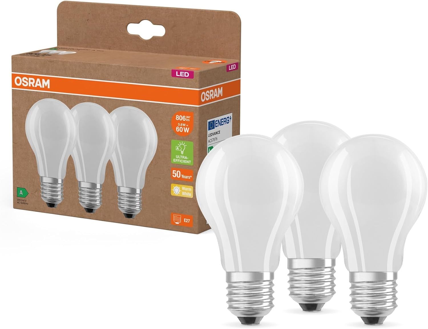 Osram Hocheffiziente LED Lampen mit Energieeffizienz Klasse A, Vorteilspack mit 3 Leuchtmittel, ersetzt herkömmliche 60W Glühbirnen, Birnenform, warmweiß(2700K), E27, mattes Glas