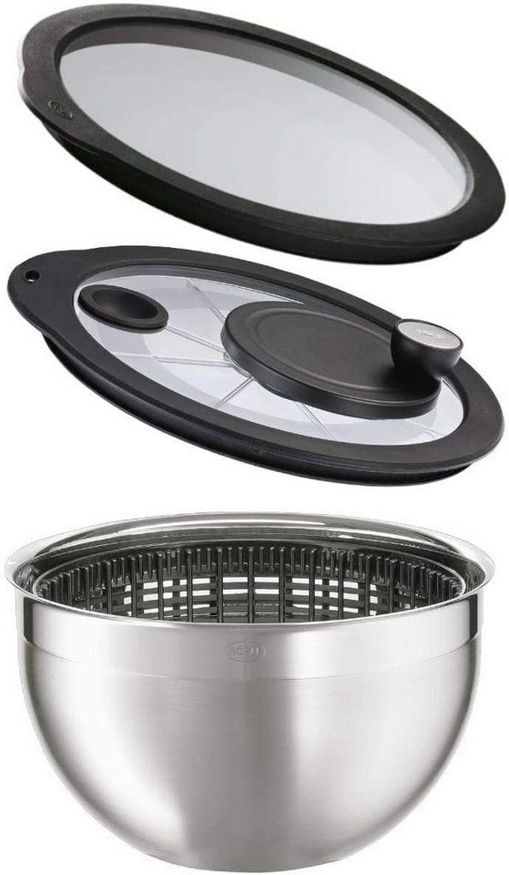 RÖSLE Salatschleuder incl. Glasdeckel und Frischhaltedeckel Edelstahl