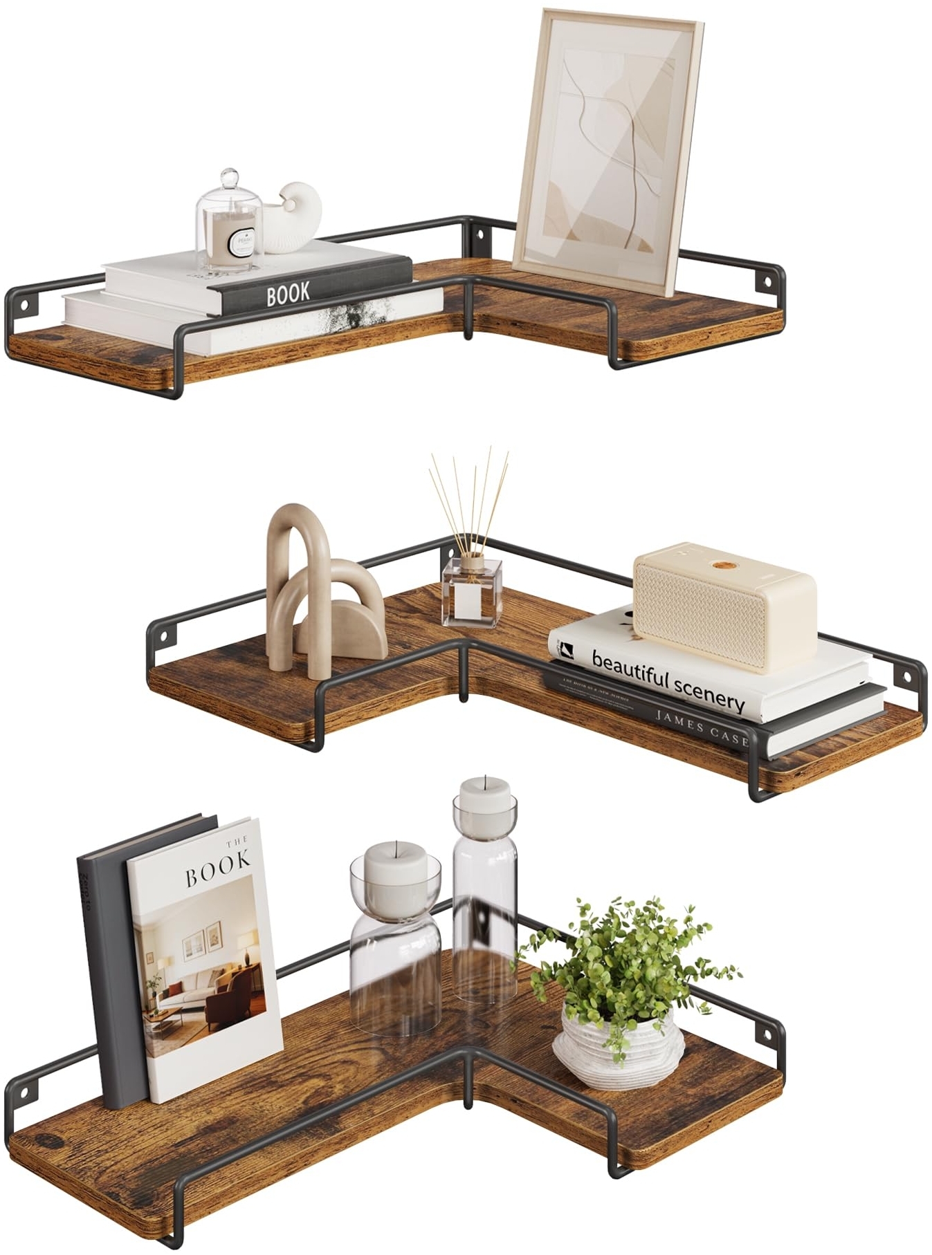 VASAGLE L-förmiges Eckregal, 3er Set, Wandregal, Industrie-Design, für Wohnzimmer, Schlafzimmer, Küche, vintagebraun LLS833KD01