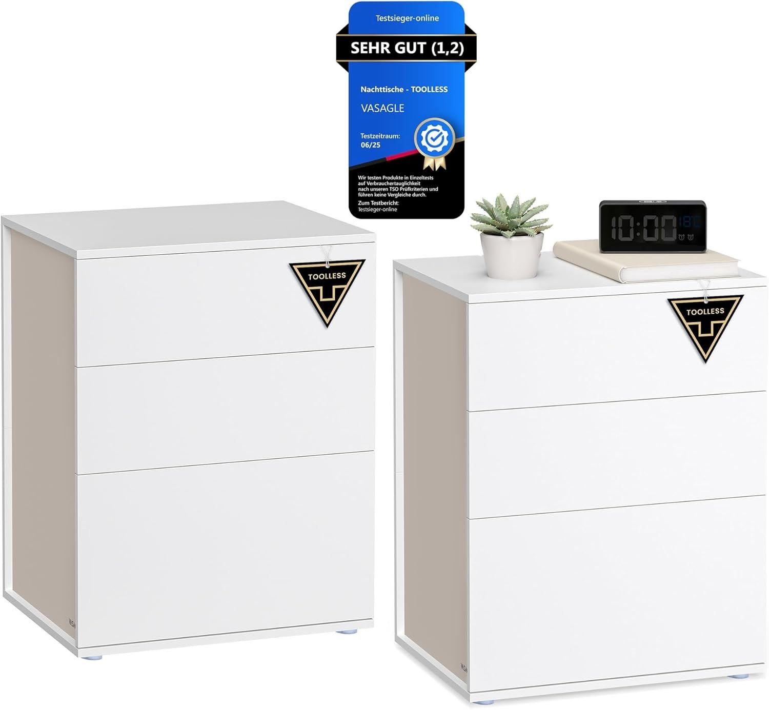 VASAGLE Nachttisch, 2er Set, Beistelltisch 3 Schubladen, Superschnelle werkzeuglose Montage, Nachtschrank, Schlafzimmer, Wohnzimmer, Toolless-Technologie, mattweiß-cappuccinobeige LET779W01