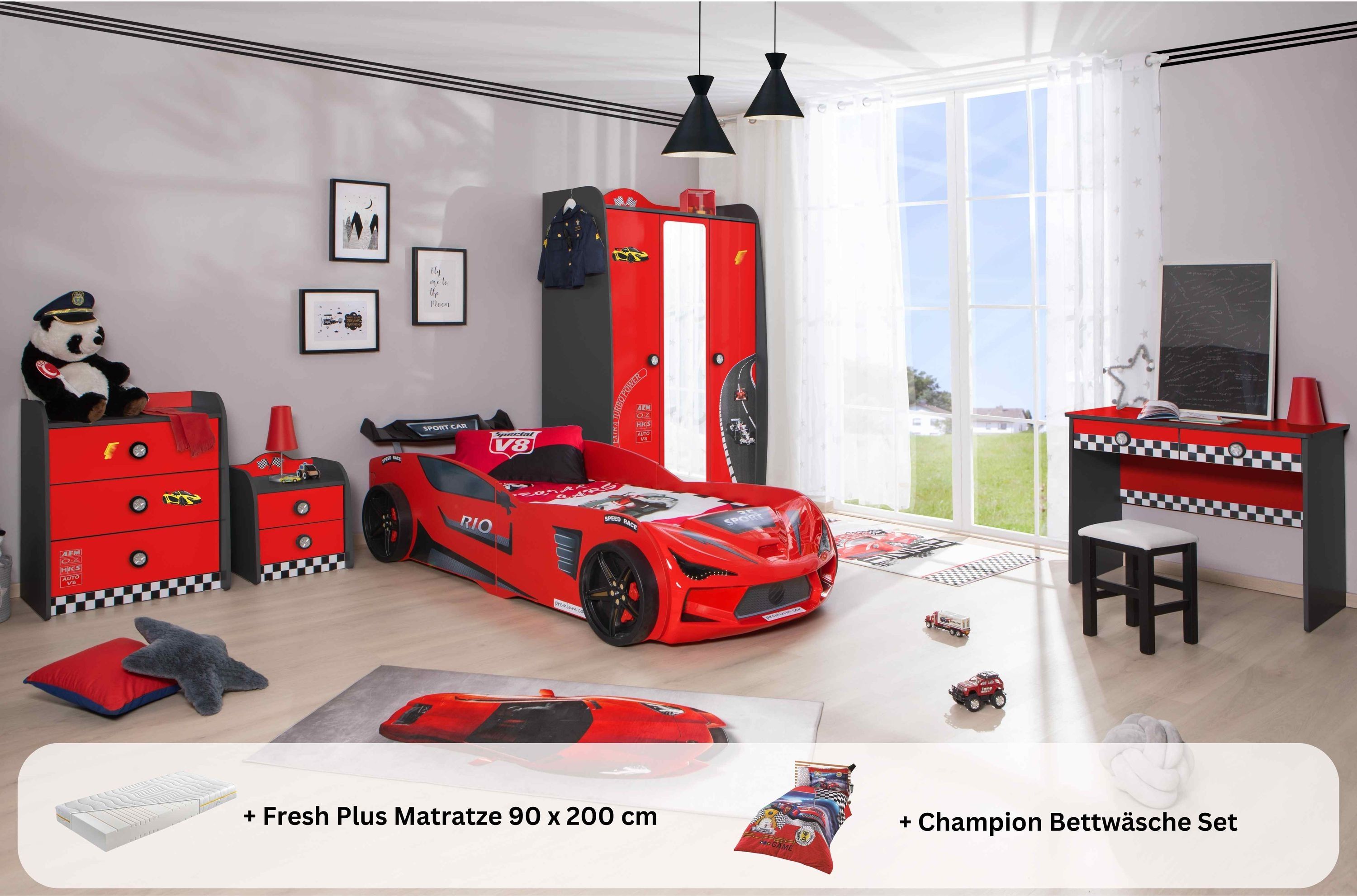 Kinderzimmer komplett Set mit Autobett Rio 5 teilig Rot