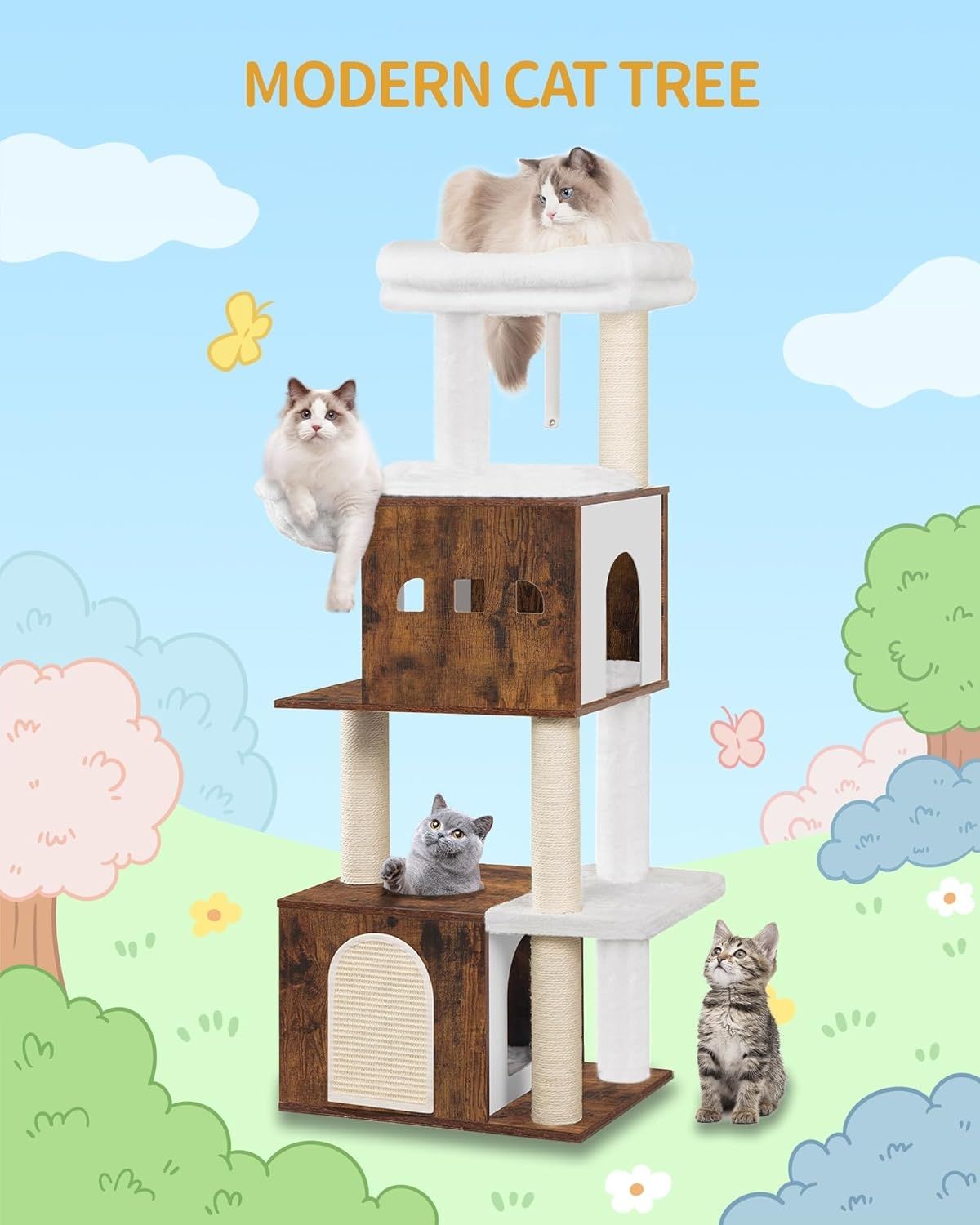 130 cm Kratzbaum, mehrstöckiger Holz Katzenkratzbaum, mit 4 Kratzbäume, 2 Katzenhöhlen mit Gepolsterten Betten, Plattformen, Katzenmöbel für Wohnungskatzen, vintagebraun