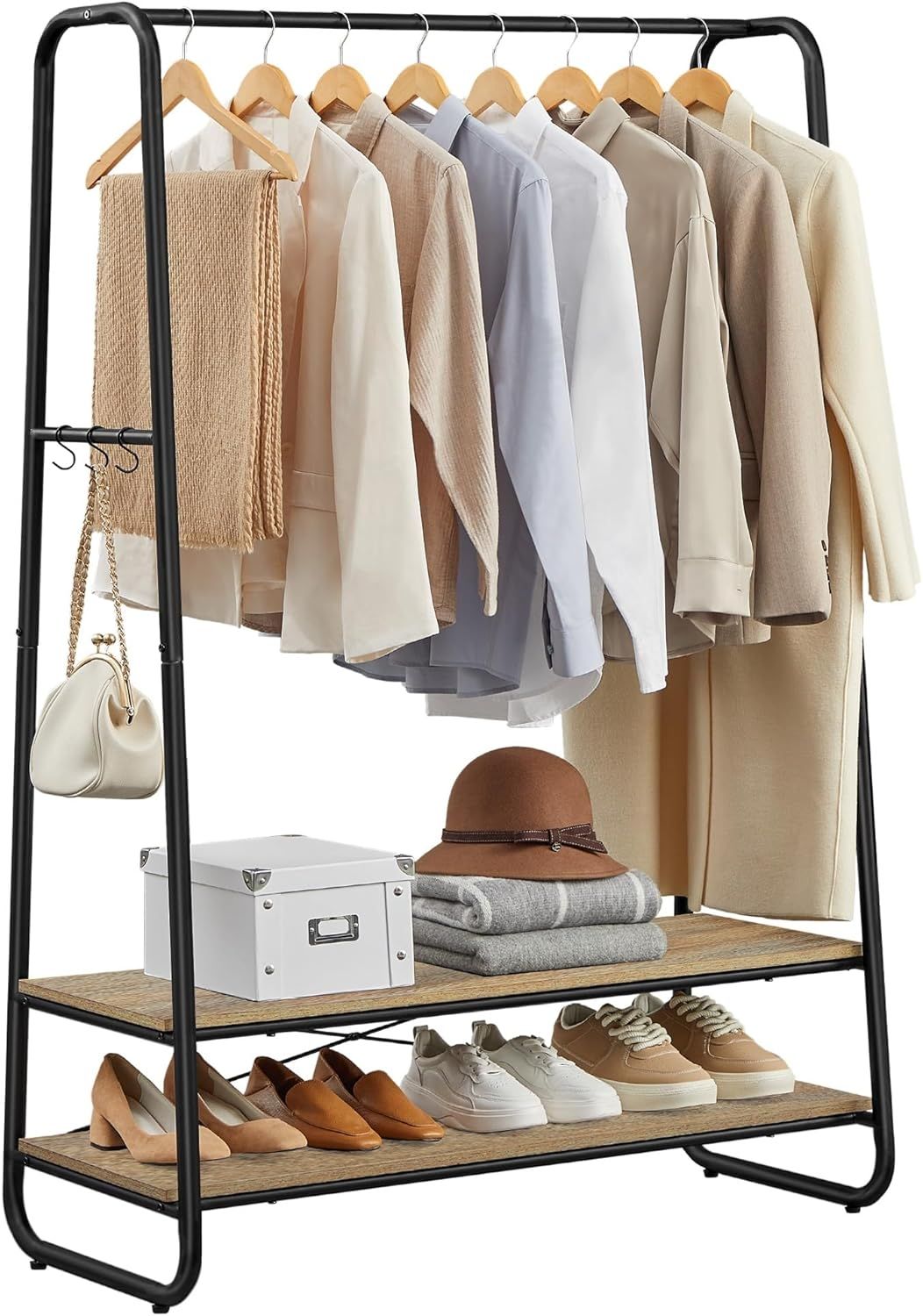 VASAGLE Kleiderständer, Garderobenständer, Garderobe, 2 Ablagen, 6 Haken in S-Form, Stahlgestell, für Schlafzimmer, Flur, Eingangsbereich, Türkisbraun-Mattschwarz RGR112K01