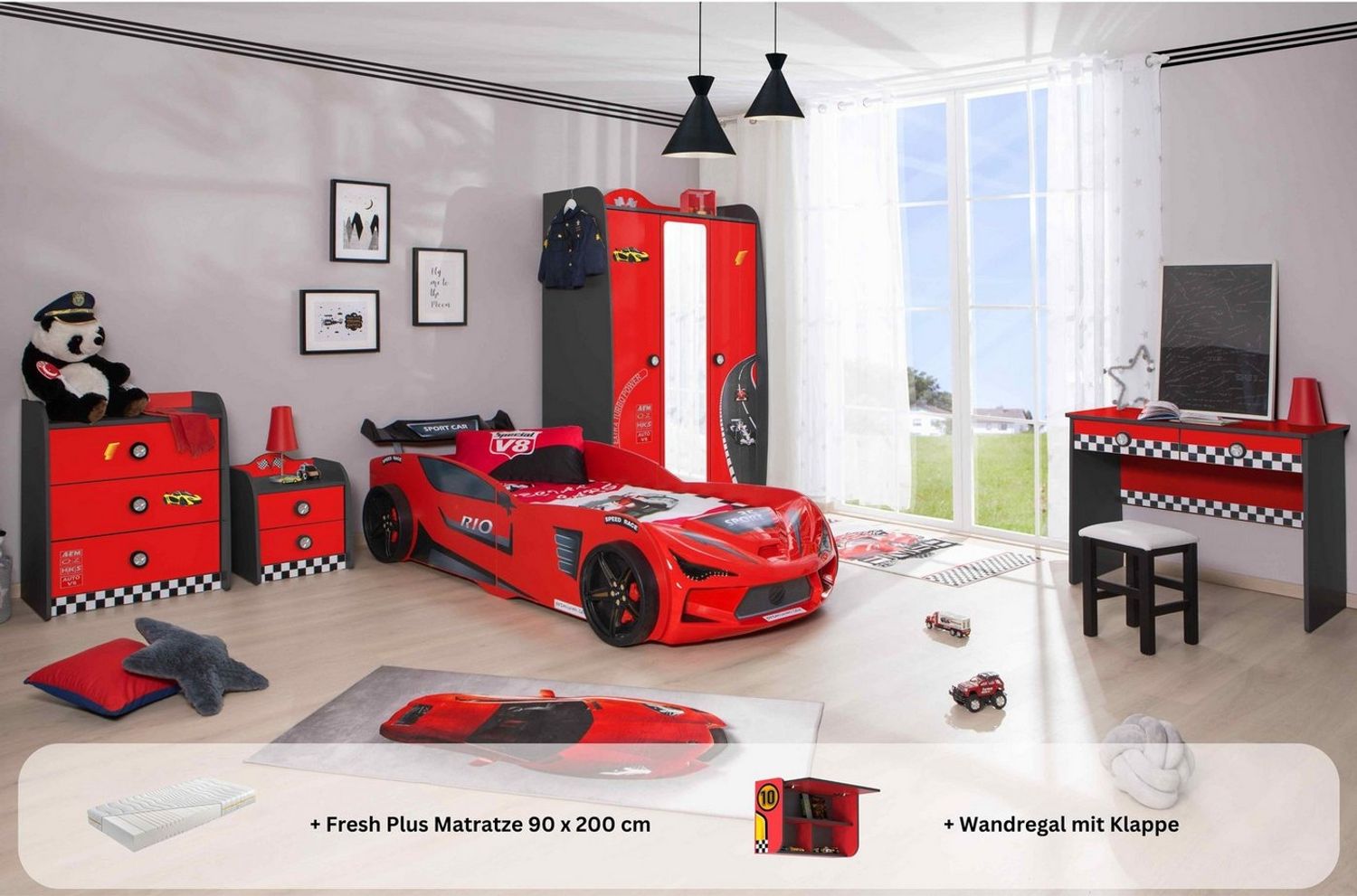 Kinderzimmer komplett Set Autobett Rio 5 teilig Rot